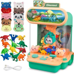 Claw Machine for Kids, Dinosaur Vending Toy for Boys, Mini Candy Grabber Prize Dispenser with Sound, 12 Dinosaur Figures 10 Mini Plush Toys, Electronic Arcade Game for Home Party Easter Birthday Gift