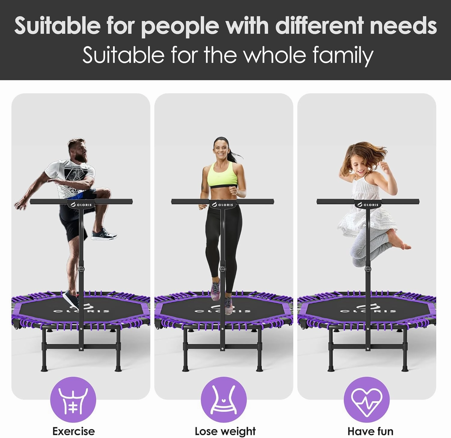 CLORIS 38in/48in Folding Trampoline - Max Load 220lbs / 450lbs Mini Rebounder Fitness Trampoline with Adjustable Foam Handle, with safty Padded Cover Best Gift for Kids/Adult