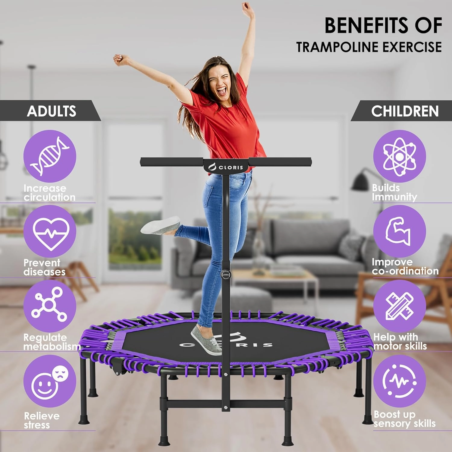 CLORIS 38in/48in Folding Trampoline - Max Load 220lbs / 450lbs Mini Rebounder Fitness Trampoline with Adjustable Foam Handle, with safty Padded Cover Best Gift for Kids/Adult