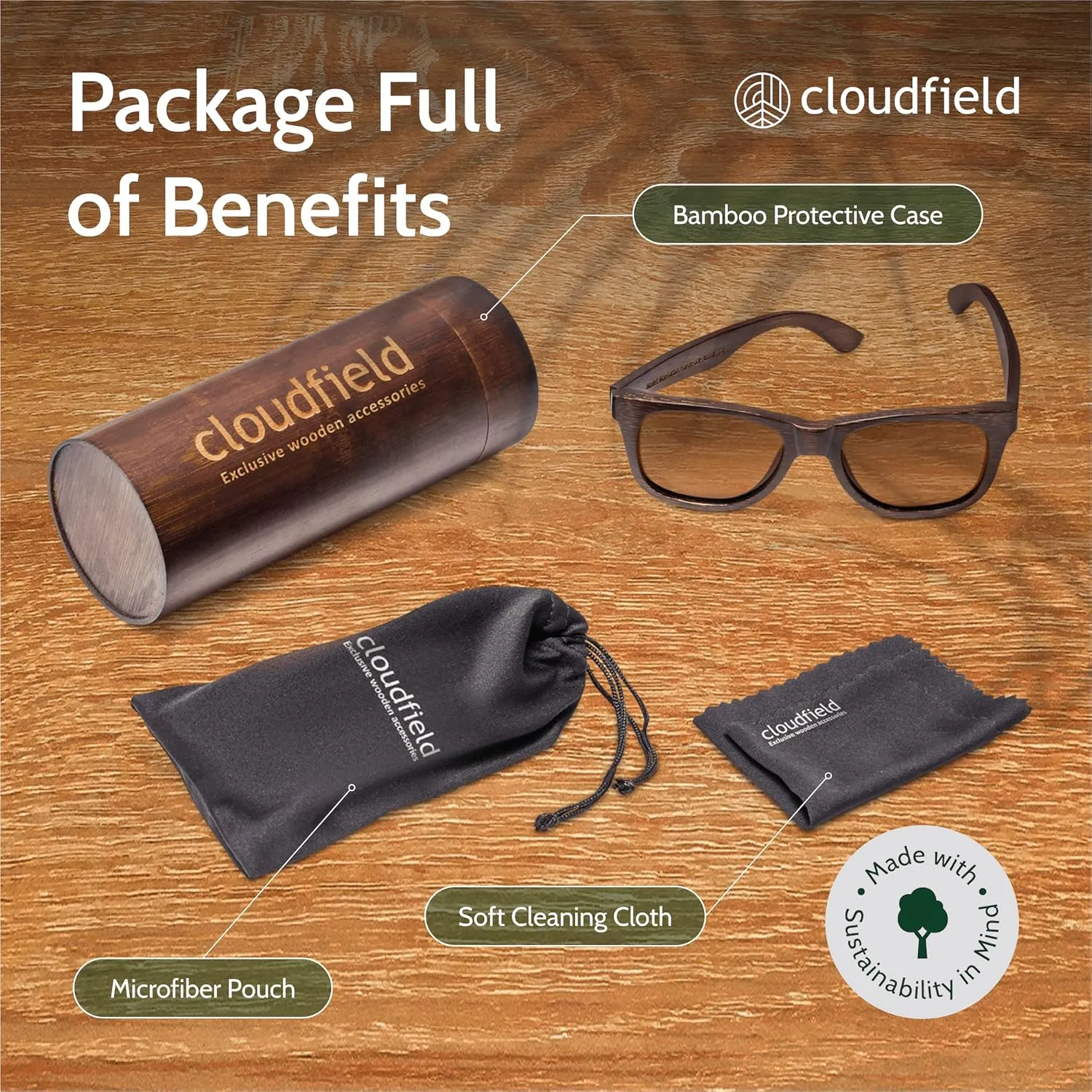 cloudfield Wood Frame Sunglasses for Men and Women with 9-Layer Polarized Lenses and Double Layer of UV Blocking Coating