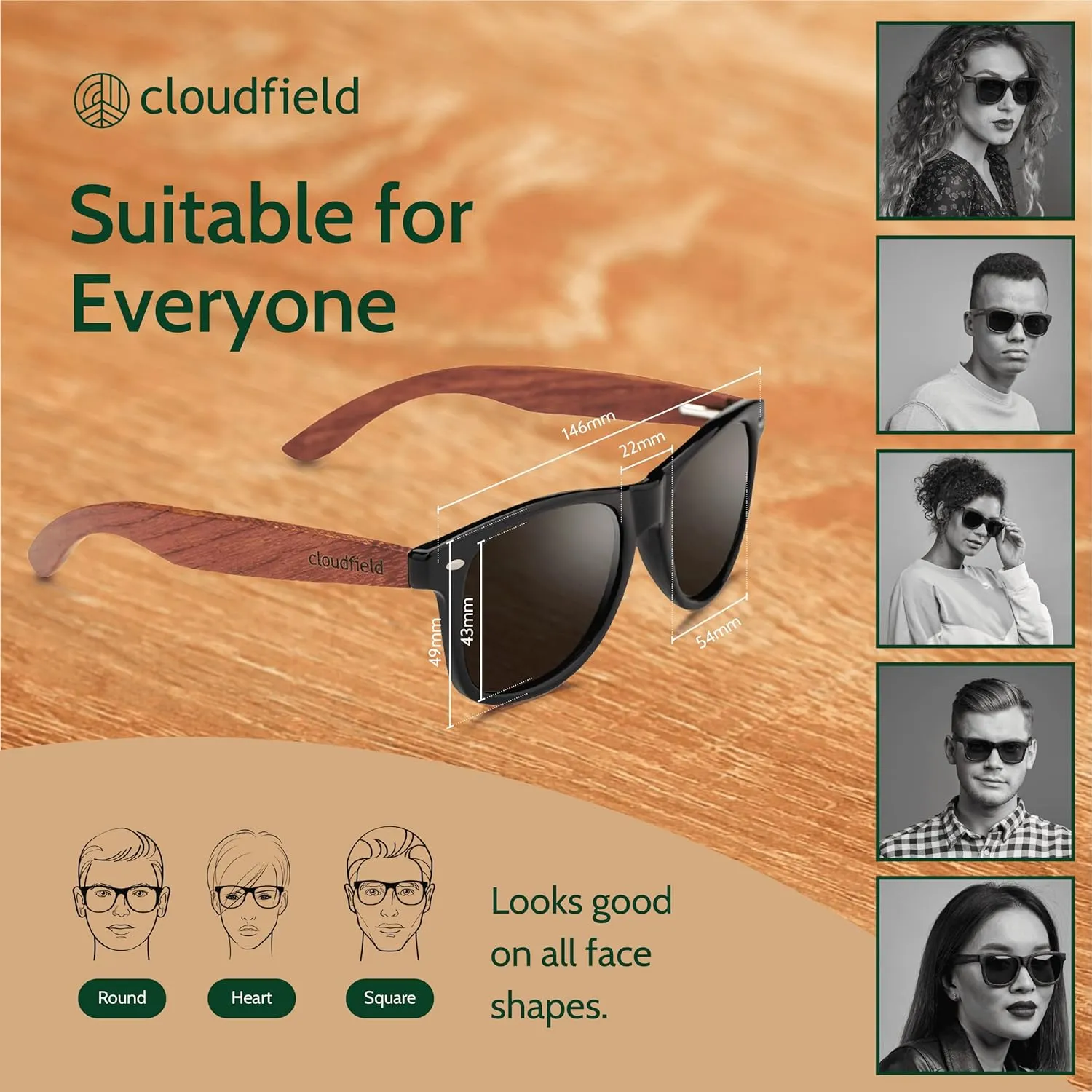cloudfield Wood Frame Sunglasses for Men and Women with 9-Layer Polarized Lenses and Double Layer of UV Blocking Coating