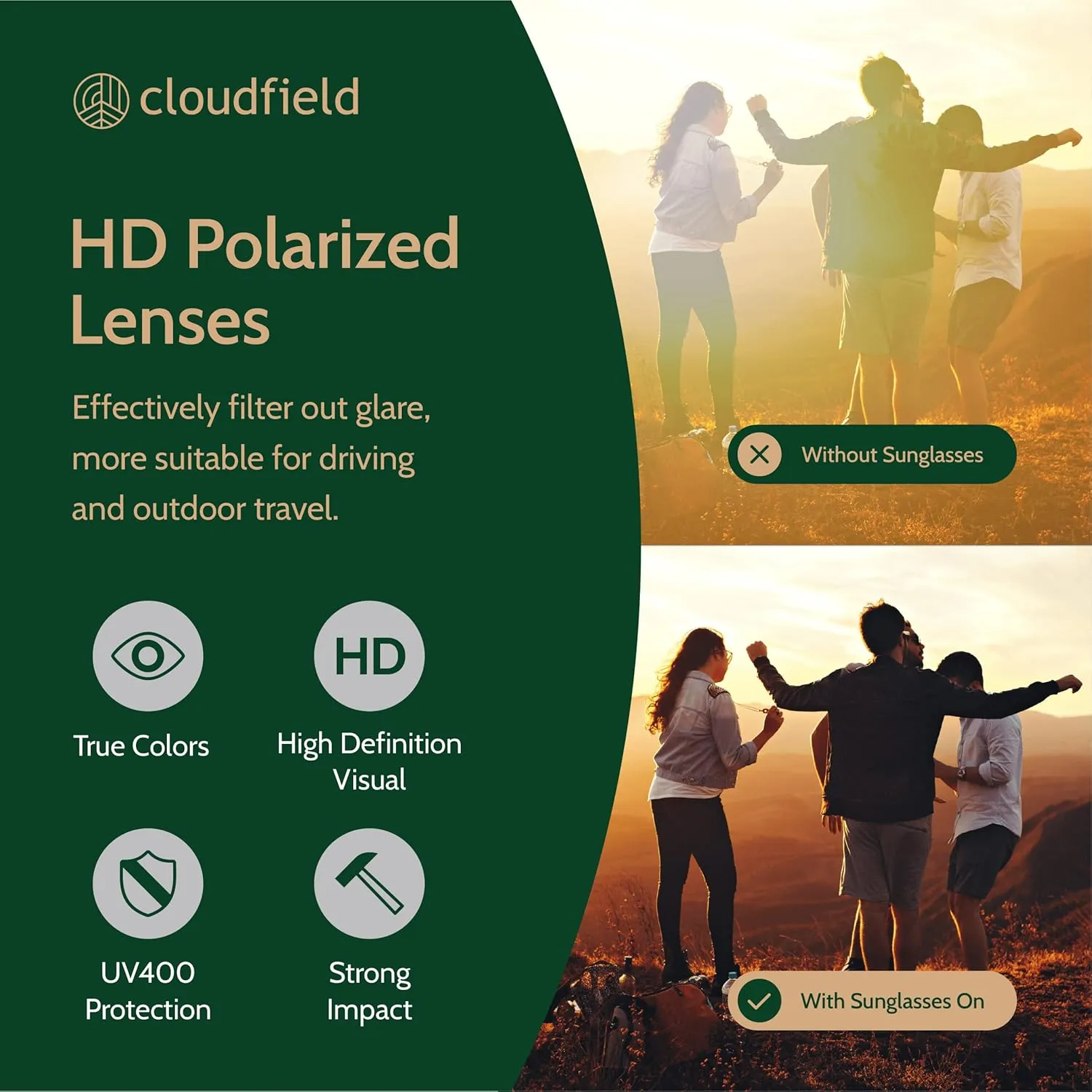 cloudfield Wood Frame Sunglasses for Men and Women with 9-Layer Polarized Lenses and Double Layer of UV Blocking Coating