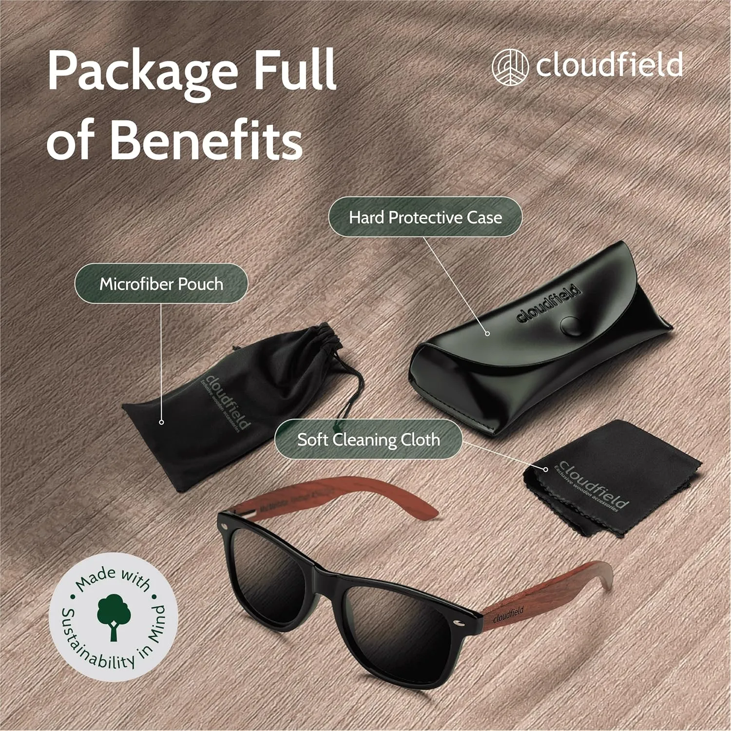 cloudfield Wood Frame Sunglasses for Men and Women with 9-Layer Polarized Lenses and Double Layer of UV Blocking Coating