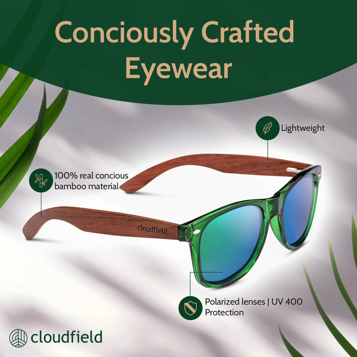 cloudfield Wood Frame Sunglasses for Men and Women with 9-Layer Polarized Lenses and Double Layer of UV Blocking Coating