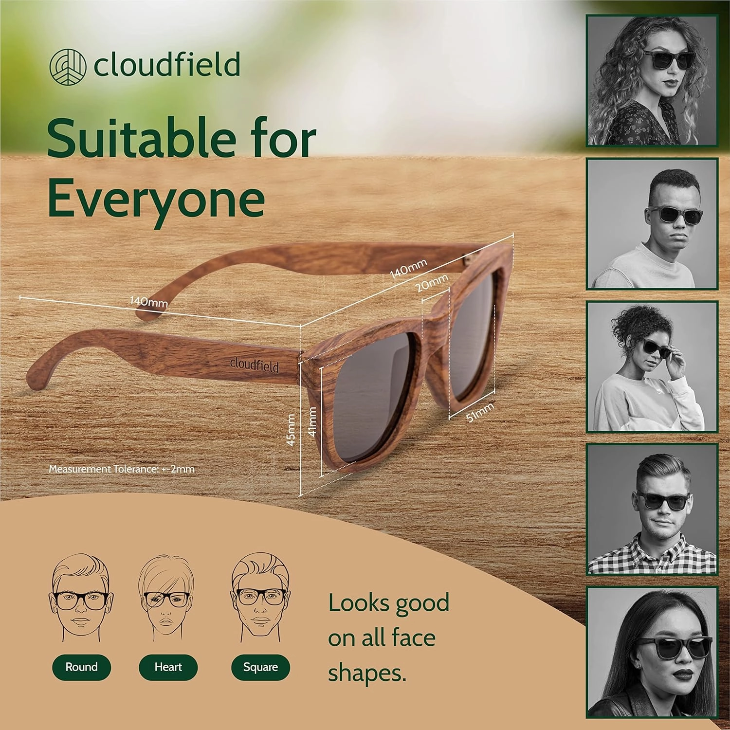 cloudfield Wood Frame Sunglasses for Men and Women with 9-Layer Polarized Lenses and Double Layer of UV Blocking Coating