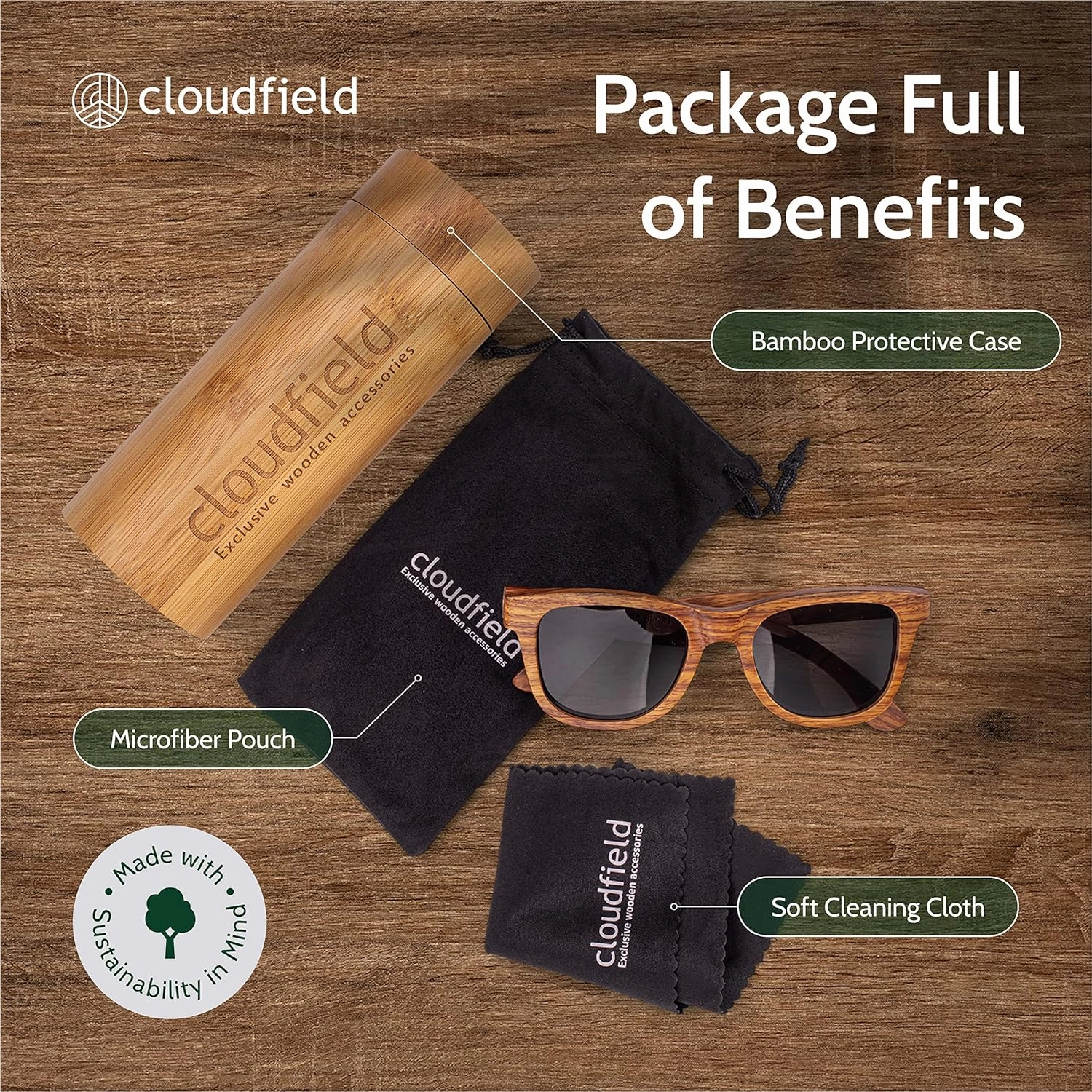 cloudfield Wood Frame Sunglasses for Men and Women with 9-Layer Polarized Lenses and Double Layer of UV Blocking Coating