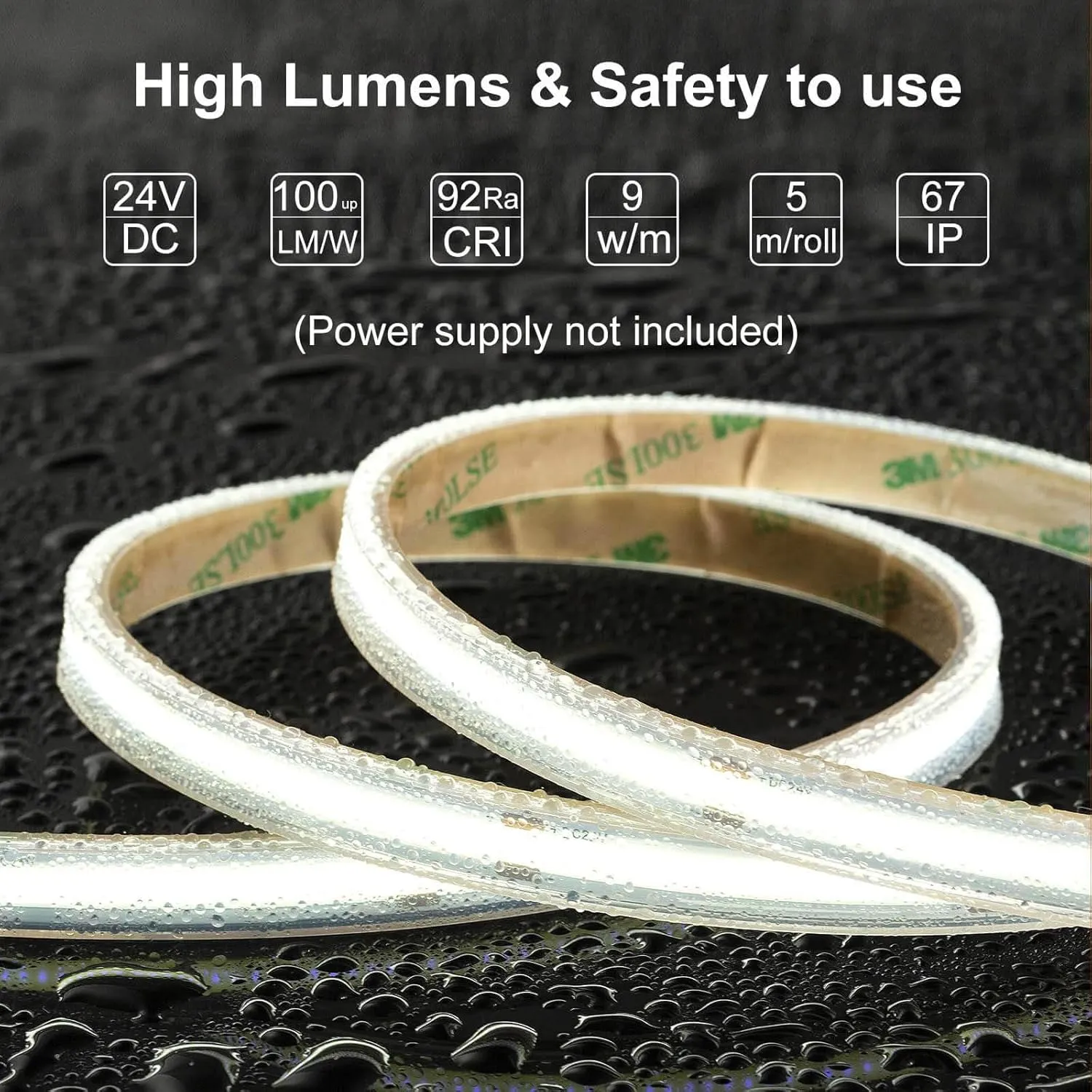 COB LED Strip Lights Waterproof IP67 DC24v Daylight White 6000K 16.4ft/5m High CRI 92Ra  Outdoor LED Tape Lighting DIY Cuttable for Bedroom Kitchen Cabinet Shelf (Power Supply Not Included)