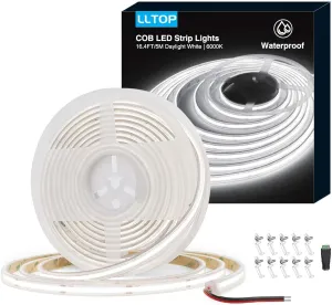 COB LED Strip Lights Waterproof IP67 DC24v Daylight White 6000K 16.4ft/5m High CRI 92Ra  Outdoor LED Tape Lighting DIY Cuttable for Bedroom Kitchen Cabinet Shelf (Power Supply Not Included)