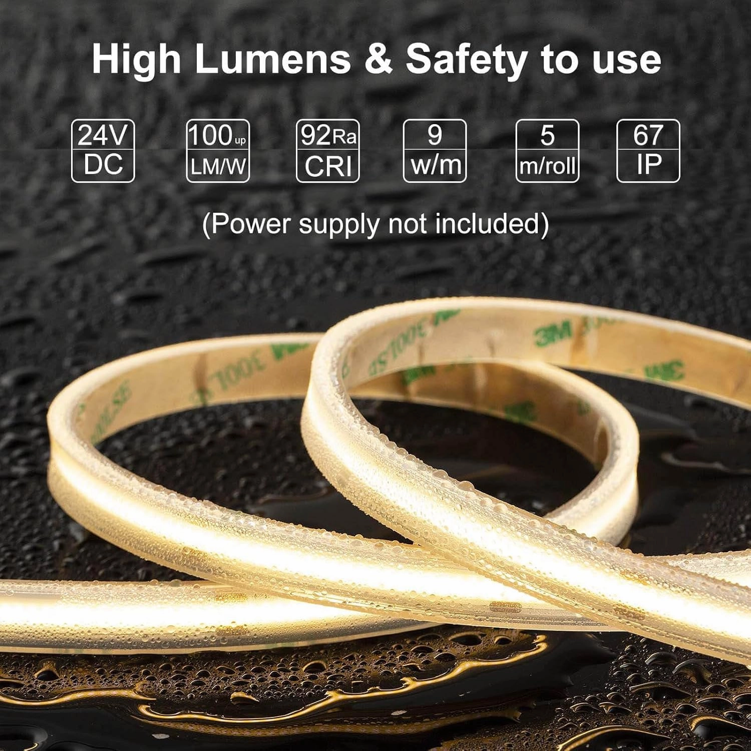 COB LED Strip Lights Waterproof IP67 DC24v Warm White 3000K 16.4ft/5m High CRI 92Ra  Outdoor LED Tape Lighting DIY Cuttable for Bedroom Kitchen Cabinet Shelf (Power Supply Not Included)