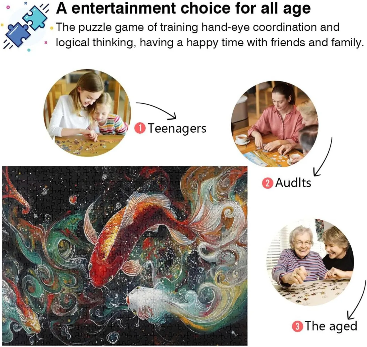Colorful Koi Fish Funny Puzzles for Adults 1000 Pieces, Large Piece Puzzles, Game Night