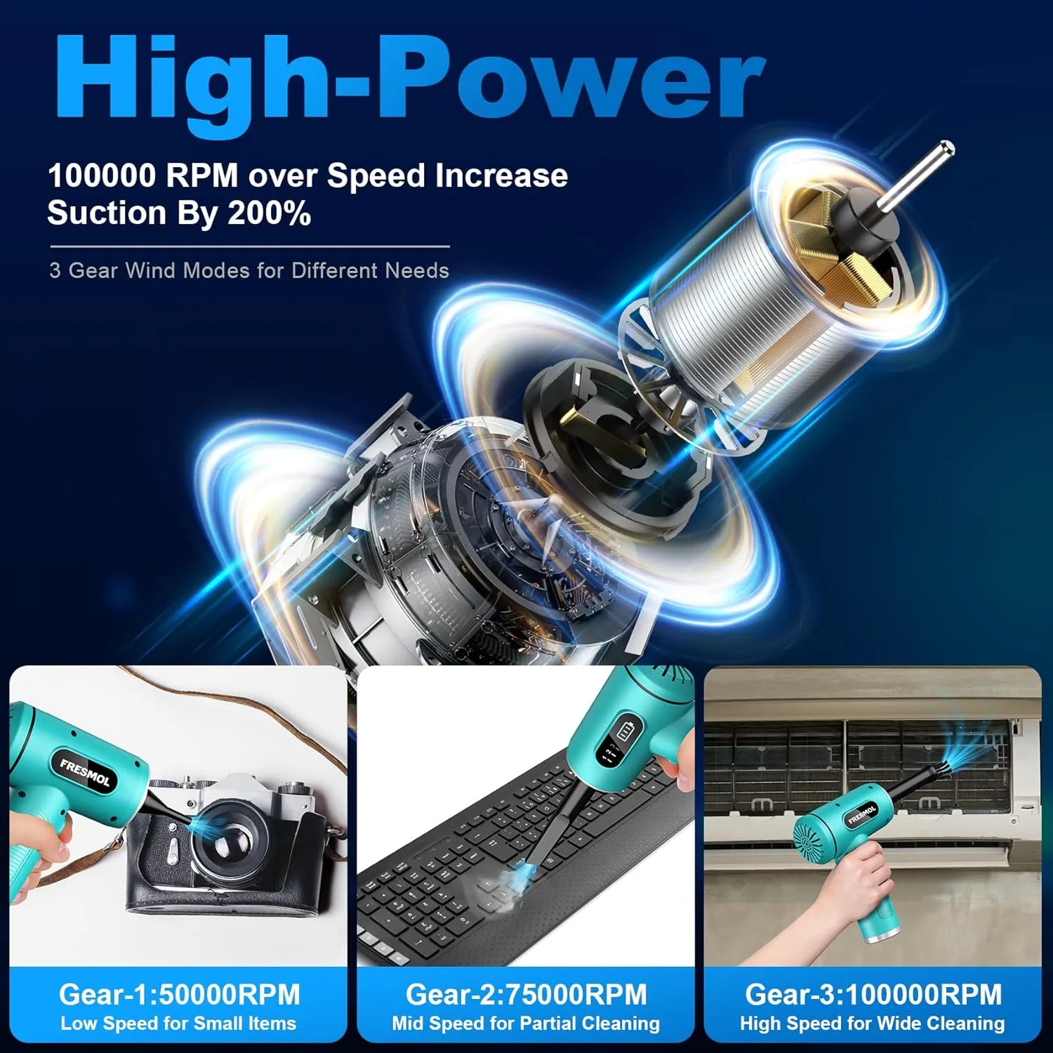 Compressed Air Duster-3 Gear Adjustable 100000RPM Electric Air Duster with LED Light, Rechargeable Cordless Air Blower for Keyboard Electric Devices Cleaning. Replaces Compressed Air Cans (Green)