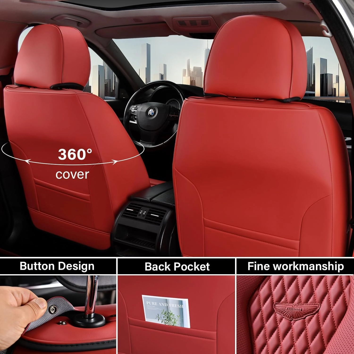 Coverado Leather Seat Covers Full Set, 5 Seats Universal Waterproof Luxury Leatherette Cushions for Cars, Front and Rear Seat Protectors, Auto Seat Covers Fit for Most Vehicles Red