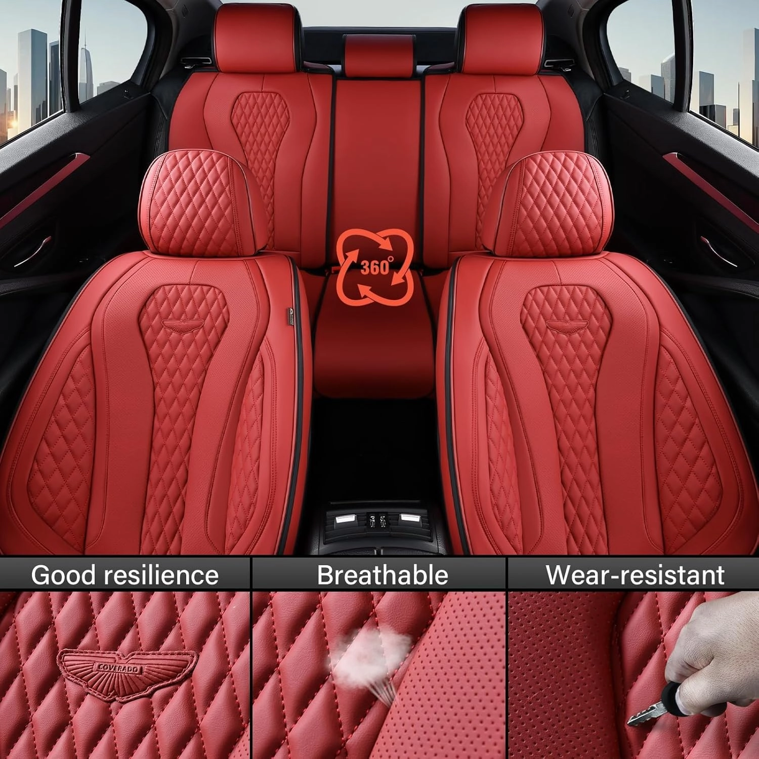 Coverado Leather Seat Covers Full Set, 5 Seats Universal Waterproof Luxury Leatherette Cushions for Cars, Front and Rear Seat Protectors, Auto Seat Covers Fit for Most Vehicles Red