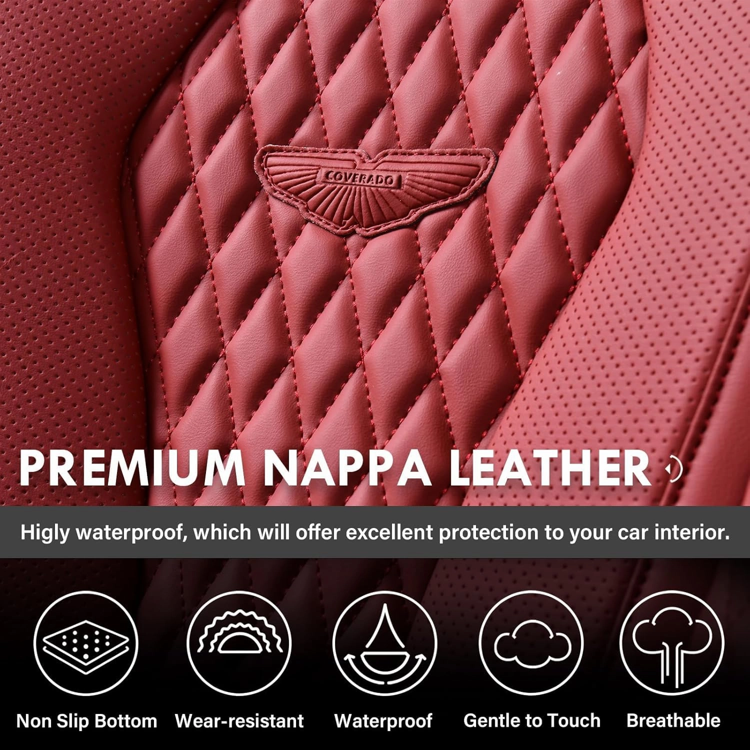 Coverado Leather Seat Covers Full Set, 5 Seats Universal Waterproof Luxury Leatherette Cushions for Cars, Front and Rear Seat Protectors, Auto Seat Covers Fit for Most Vehicles Red
