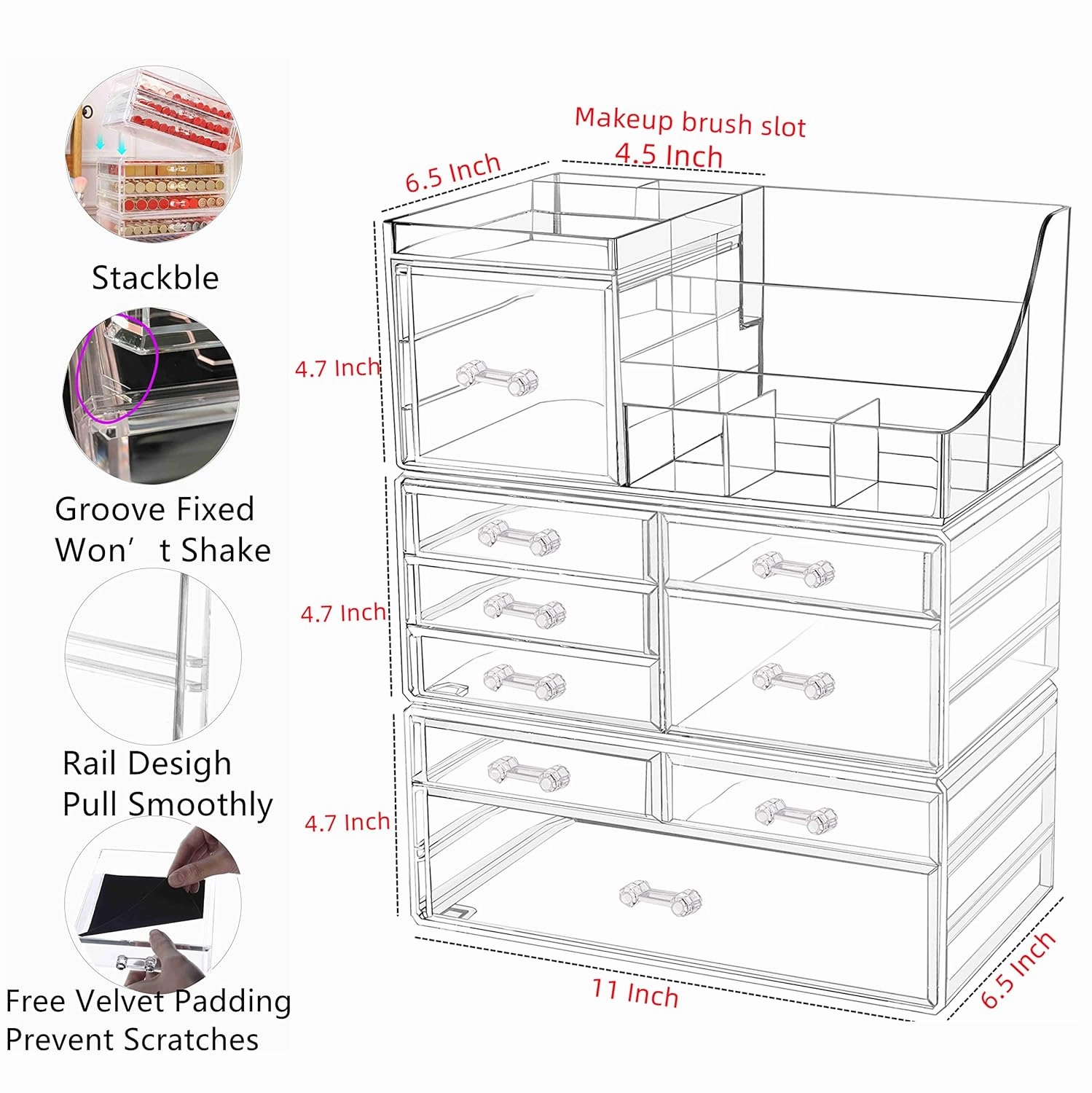 Cq acrylic 3 Pack Clear Make up Organizer Countertop,Stackable 9 Drawers Makeup Storage,Cute Vanity Organizers for dresser Hair Clip,Jewelry,Beauty Product Desk and Bathroom Organizers and Storage