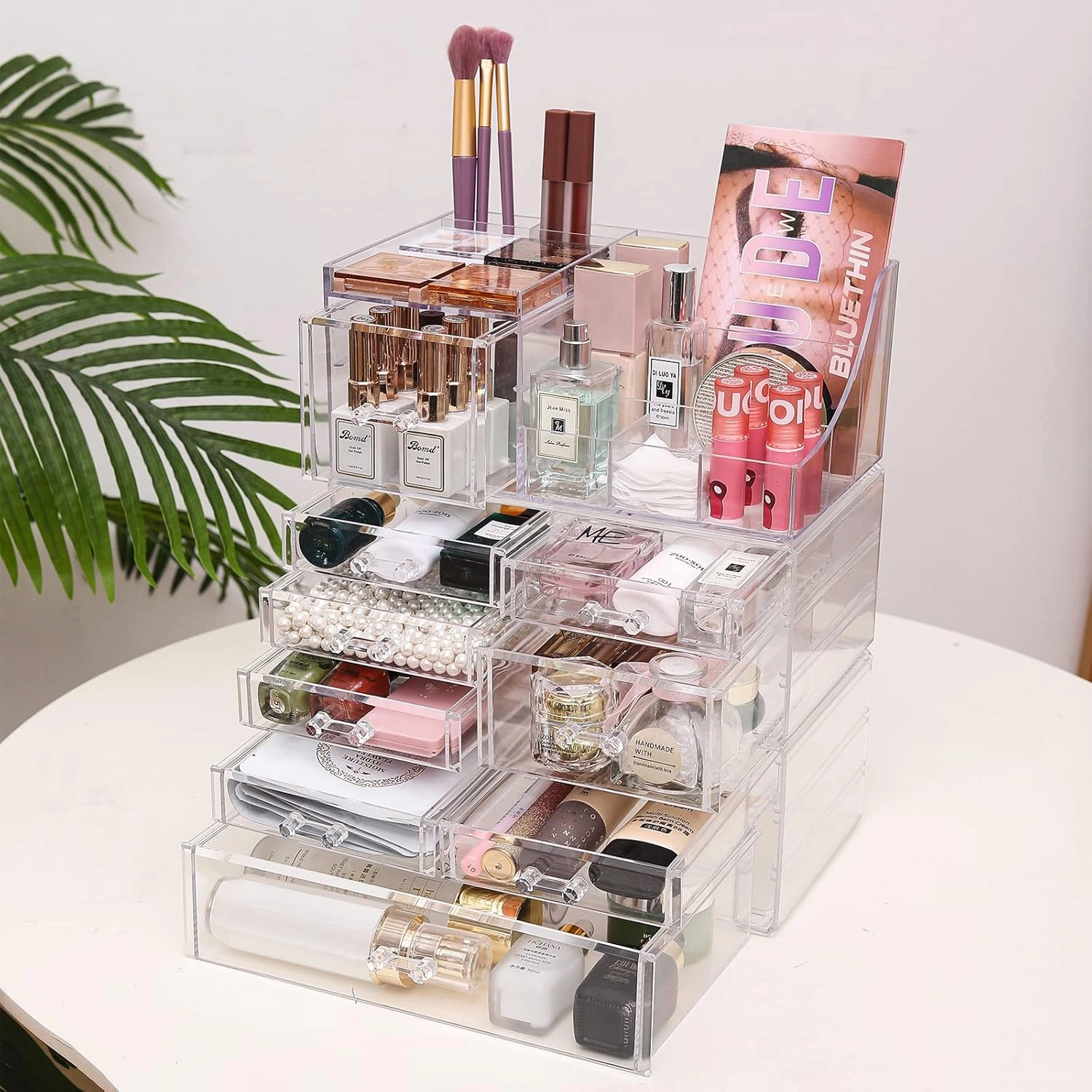Cq acrylic 3 Pack Clear Make up Organizer Countertop,Stackable 9 Drawers Makeup Storage,Cute Vanity Organizers for dresser Hair Clip,Jewelry,Beauty Product Desk and Bathroom Organizers and Storage