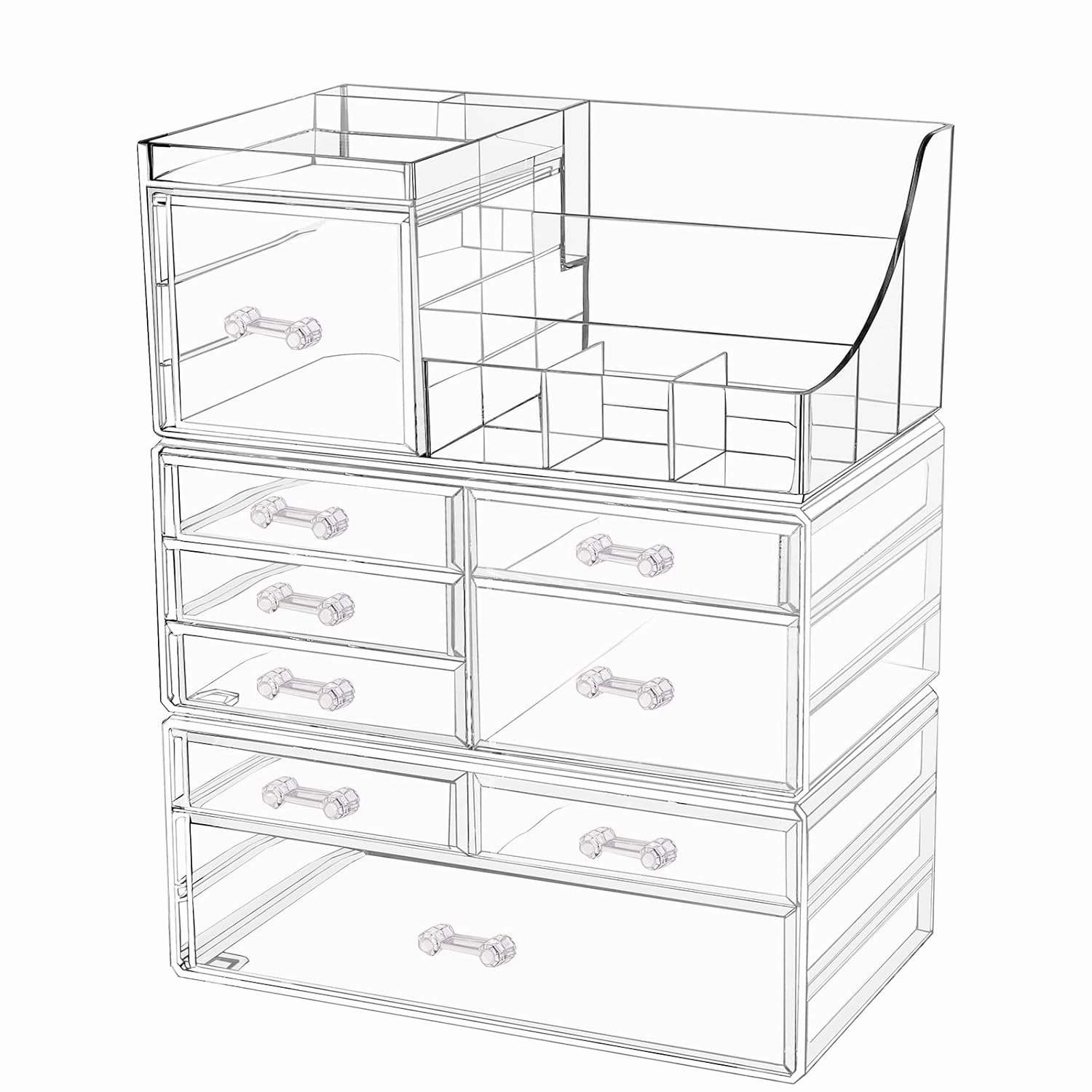 Cq acrylic 3 Pack Clear Make up Organizer Countertop,Stackable 9 Drawers Makeup Storage,Cute Vanity Organizers for dresser Hair Clip,Jewelry,Beauty Product Desk and Bathroom Organizers and Storage