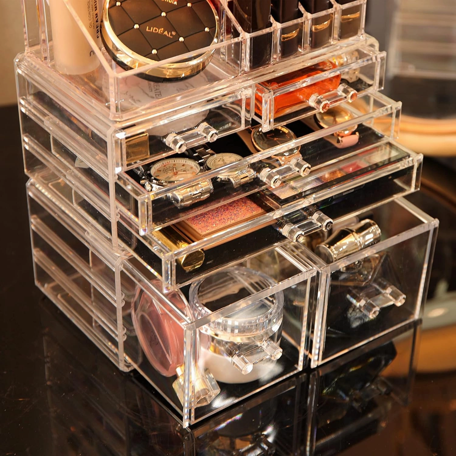 Cq acrylic 3 Pack Clear Make Up Organizers for Vanity,Stackable 6 Drawers Make Up Organizer,Cute Desk Organizer for Vanity Jewelry,Hair Clip,Beauty,Skincare Product Dresser Acrylic Drawer Organizer