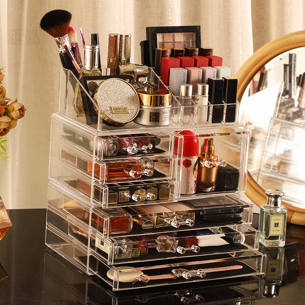 Cq acrylic 3 Pack Clear Make Up Organizers for Vanity,Stackable 7 Drawers Make Up Organizer,Cute Desk Organizer for Vanity Jewelry,Hair Clip,Beauty,Skincare Product Dresser Acrylic Drawer Organizer