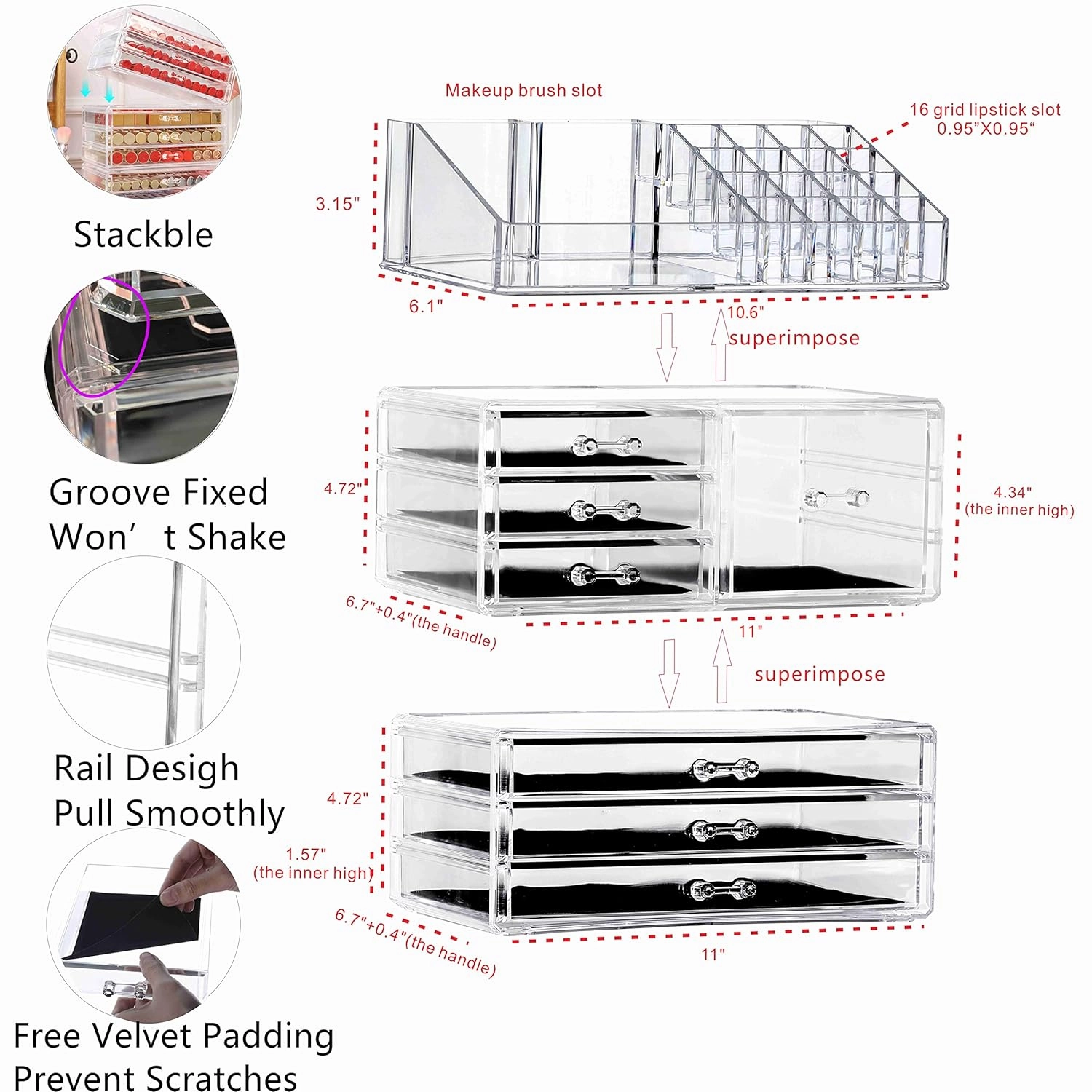 Cq acrylic 3 Pack Clear Make Up Organizers for Vanity,Stackable 7 Drawers Make Up Organizer,Cute Desk Organizer for Vanity Jewelry,Hair Clip,Beauty,Skincare Product Dresser Acrylic Drawer Organizer