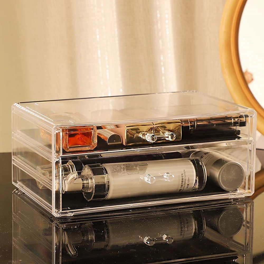 Cq acrylic 4 Pack Clear Make Up Organizers for Vanity,Stackable 7 Drawers Make Up Organizer,Cute Desk Organizer for Vanity Jewelry,Hair Clip,Beauty,Skincare Product Dresser Acrylic Drawer Organizer