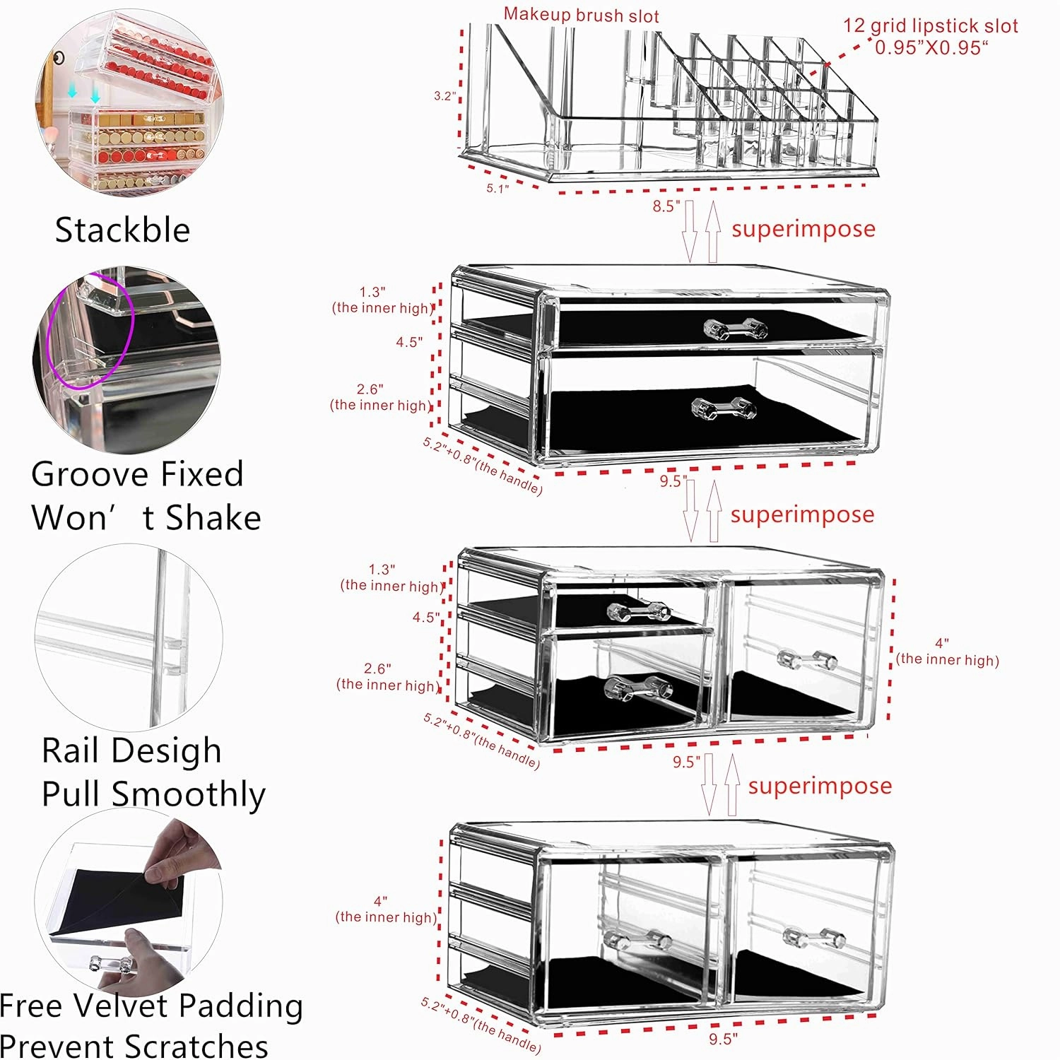 Cq acrylic 4 Pack Clear Make Up Organizers for Vanity,Stackable 7 Drawers Make Up Organizer,Cute Desk Organizer for Vanity Jewelry,Hair Clip,Beauty,Skincare Product Dresser Acrylic Drawer Organizer