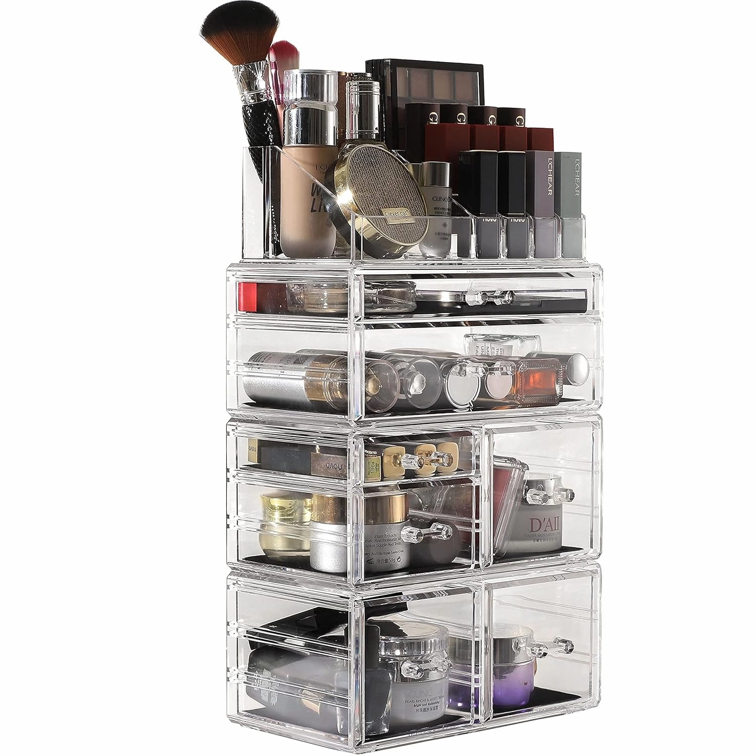 Cq acrylic 4 Pack Clear Make Up Organizers for Vanity,Stackable 7 Drawers Make Up Organizer,Cute Desk Organizer for Vanity Jewelry,Hair Clip,Beauty,Skincare Product Dresser Acrylic Drawer Organizer