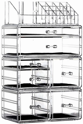 Cq acrylic 4 Pack Clear Make Up Organizers for Vanity,Stackable 7 Drawers Make Up Organizer,Cute Desk Organizer for Vanity Jewelry,Hair Clip,Beauty,Skincare Product Dresser Acrylic Drawer Organizer