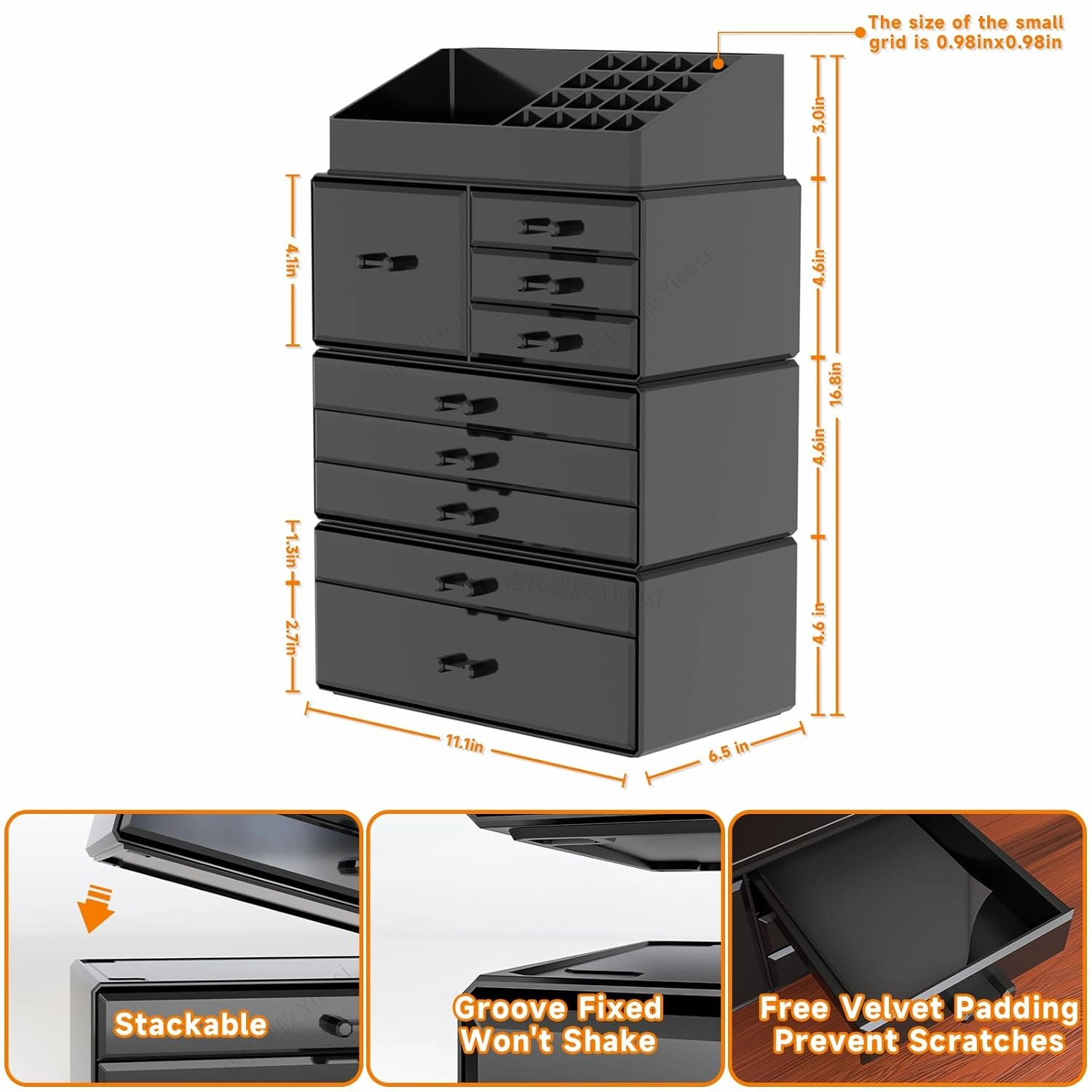 Cq acrylic Drawer Organizer With 9 Drawers -Plastic Make Up Storage for Vanity Countertop,Large Dresser Top Organizer for Lotions,Beauty Products,Bathroom Countertop Organizers,Black
