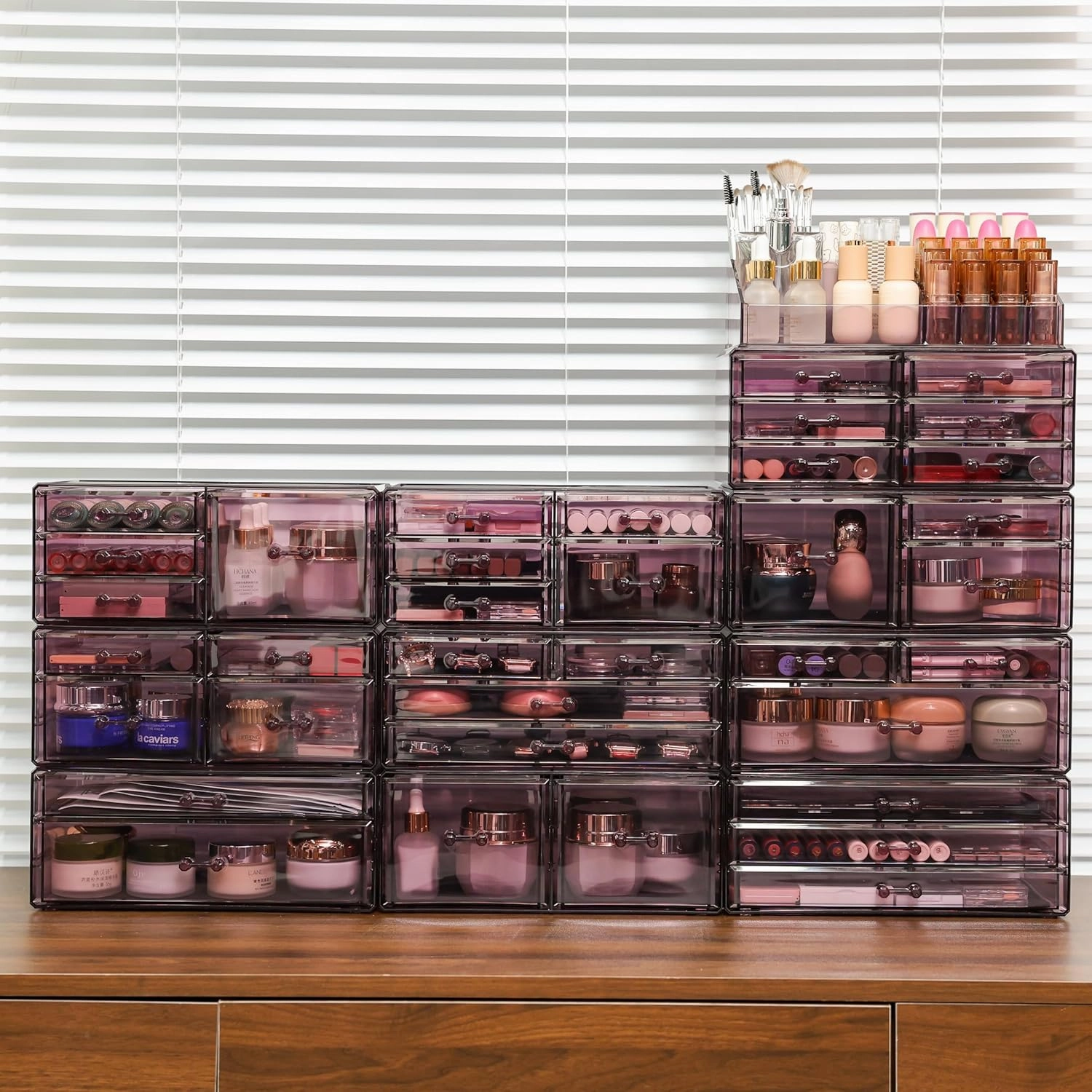 Cq acrylic Dresser Organizer for Nursery, Multi-Purpose Vanity Organizers and Storage Countertop With 4 Drawers, Desk Organizer With Drawers for Make Up, Jewelry, Pen, Desktop Stationary,Purple