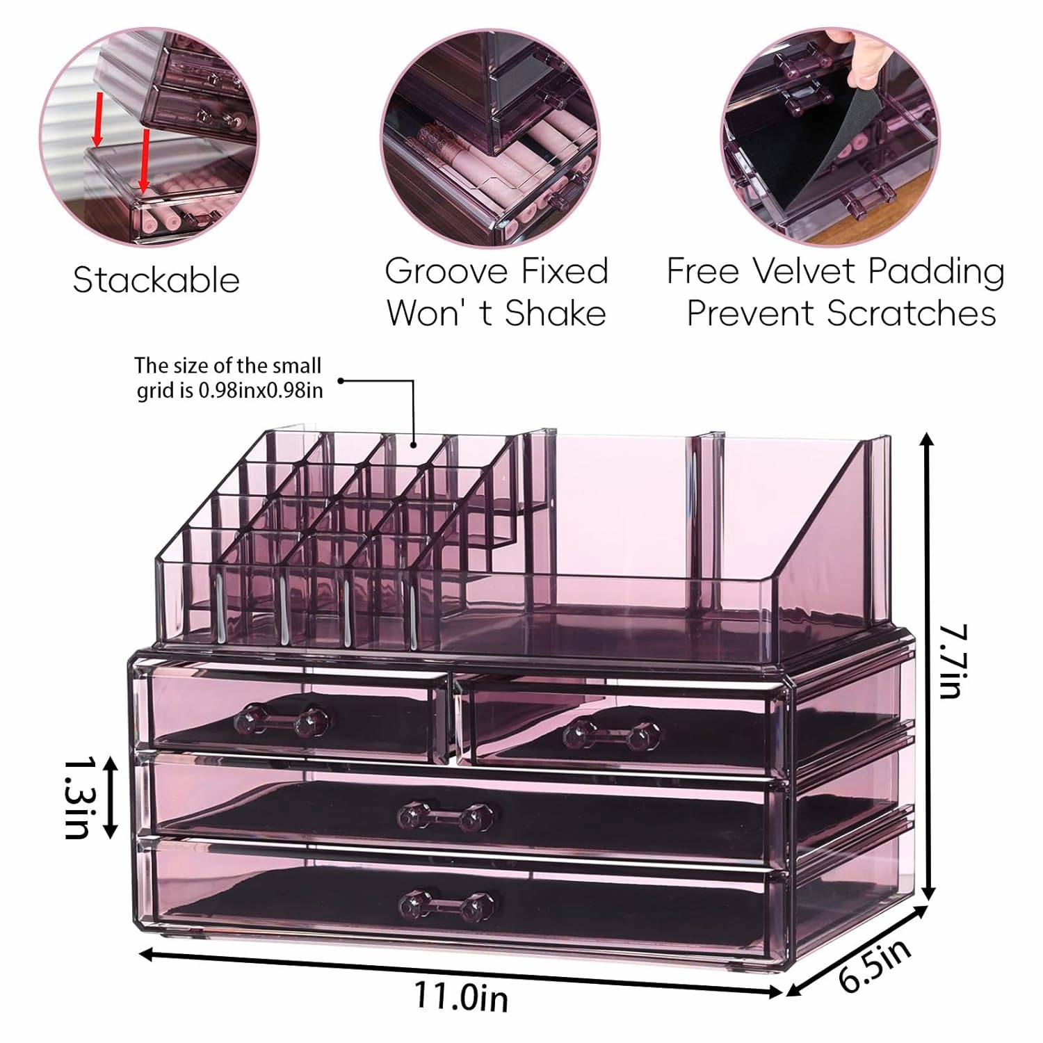Cq acrylic Dresser Organizer for Nursery, Multi-Purpose Vanity Organizers and Storage Countertop With 4 Drawers, Desk Organizer With Drawers for Make Up, Jewelry, Pen, Desktop Stationary,Purple