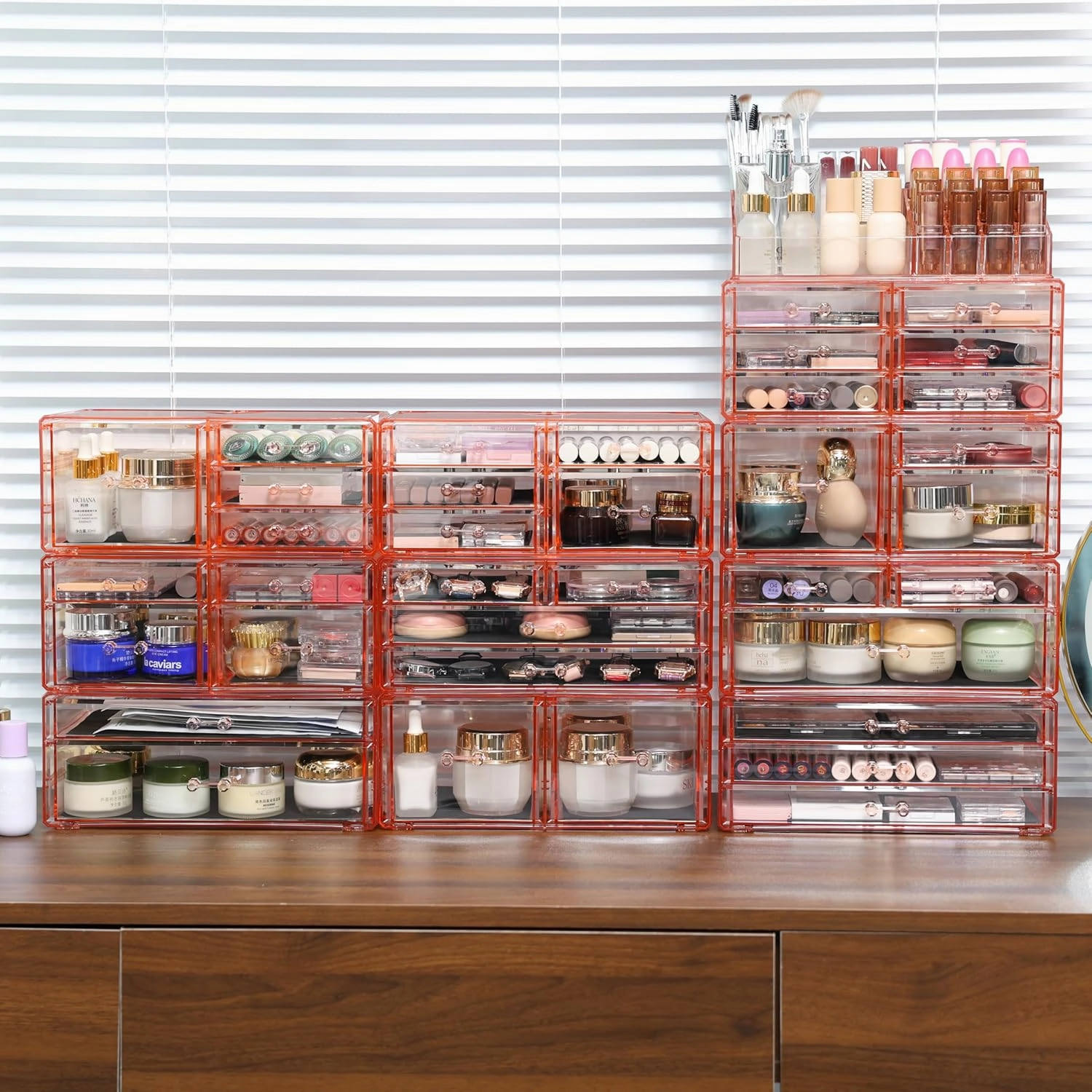 Cq acrylic Pink Makeup 4 Drawers Storage,Large Make Up Organizer and Plastic Desk Organizer for Dressing Table, Countertop, Bathroom Counter, Vanity Holder for Brushes, Lotions, Cosmetic Storage