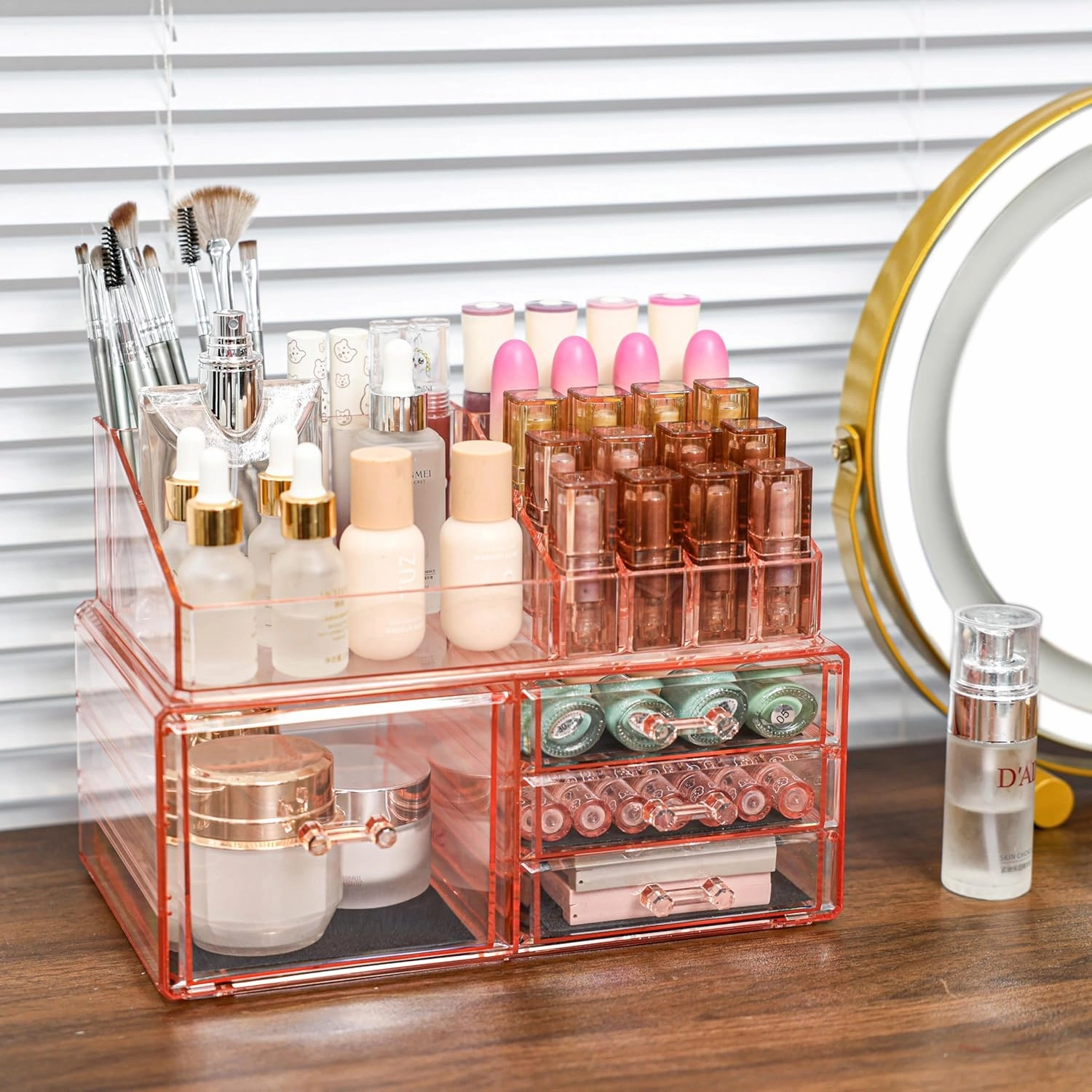 Cq acrylic Pink Makeup 4 Drawers Storage,Large Make Up Organizer and Plastic Desk Organizer for Dressing Table, Countertop, Bathroom Counter, Vanity Holder for Brushes, Lotions, Cosmetic Storage