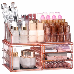 Cq acrylic Pink Makeup 4 Drawers Storage,Large Make Up Organizer and Plastic Desk Organizer for Dressing Table, Countertop, Bathroom Counter, Vanity Holder for Brushes, Lotions, Cosmetic Storage