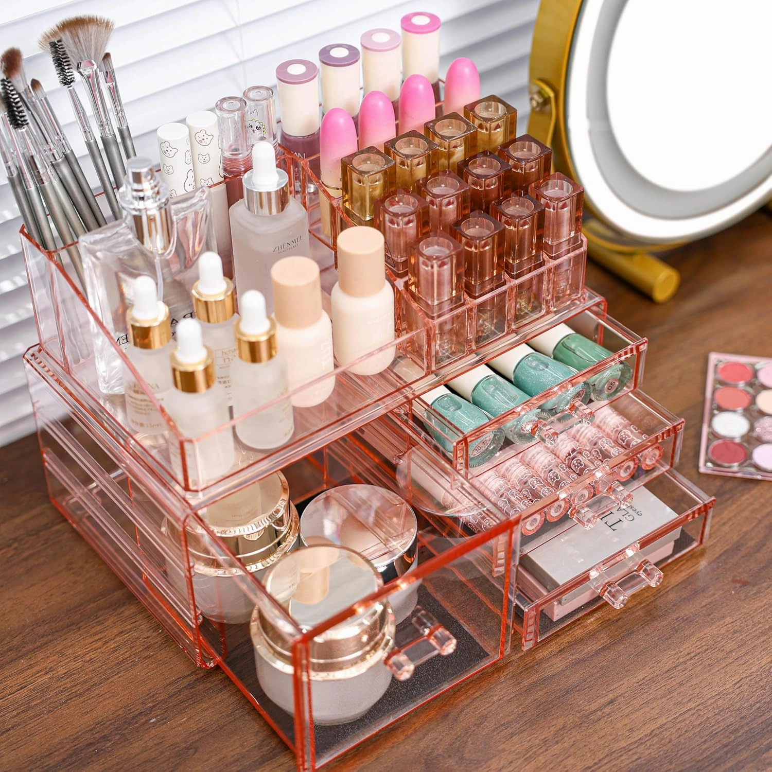 Cq acrylic Pink Makeup 4 Drawers Storage,Large Make Up Organizer and Plastic Desk Organizer for Dressing Table, Countertop, Bathroom Counter, Vanity Holder for Brushes, Lotions, Cosmetic Storage
