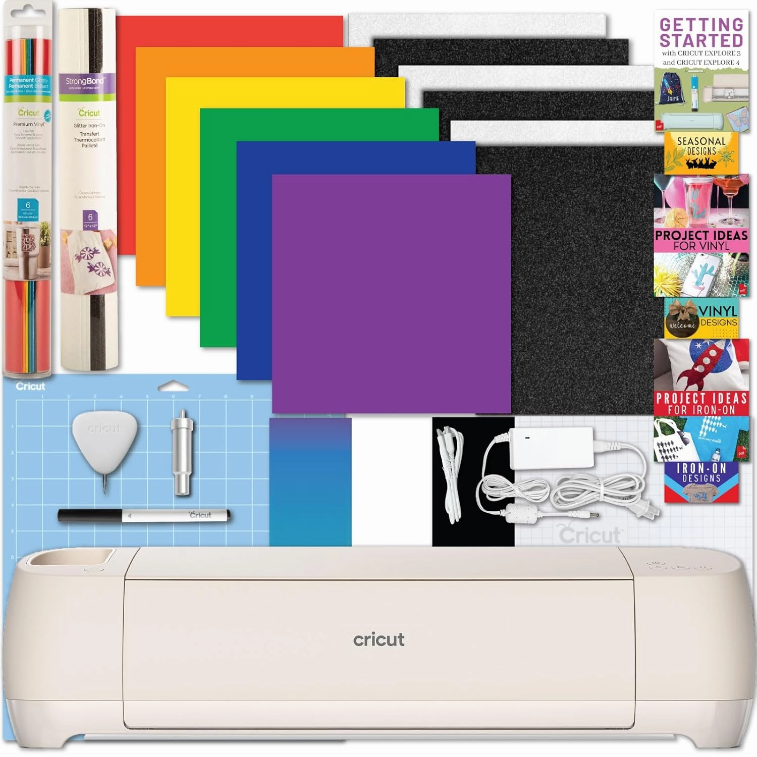 Cricut Explore 4 Machine with Vinyl and Iron-On Bundle - Beginner Friendly Craft Cutting Machine with Essential Materials, HTV and Adhesive Vinyl Variety Pack- DIY Decor Projects, Apparel and Decals
