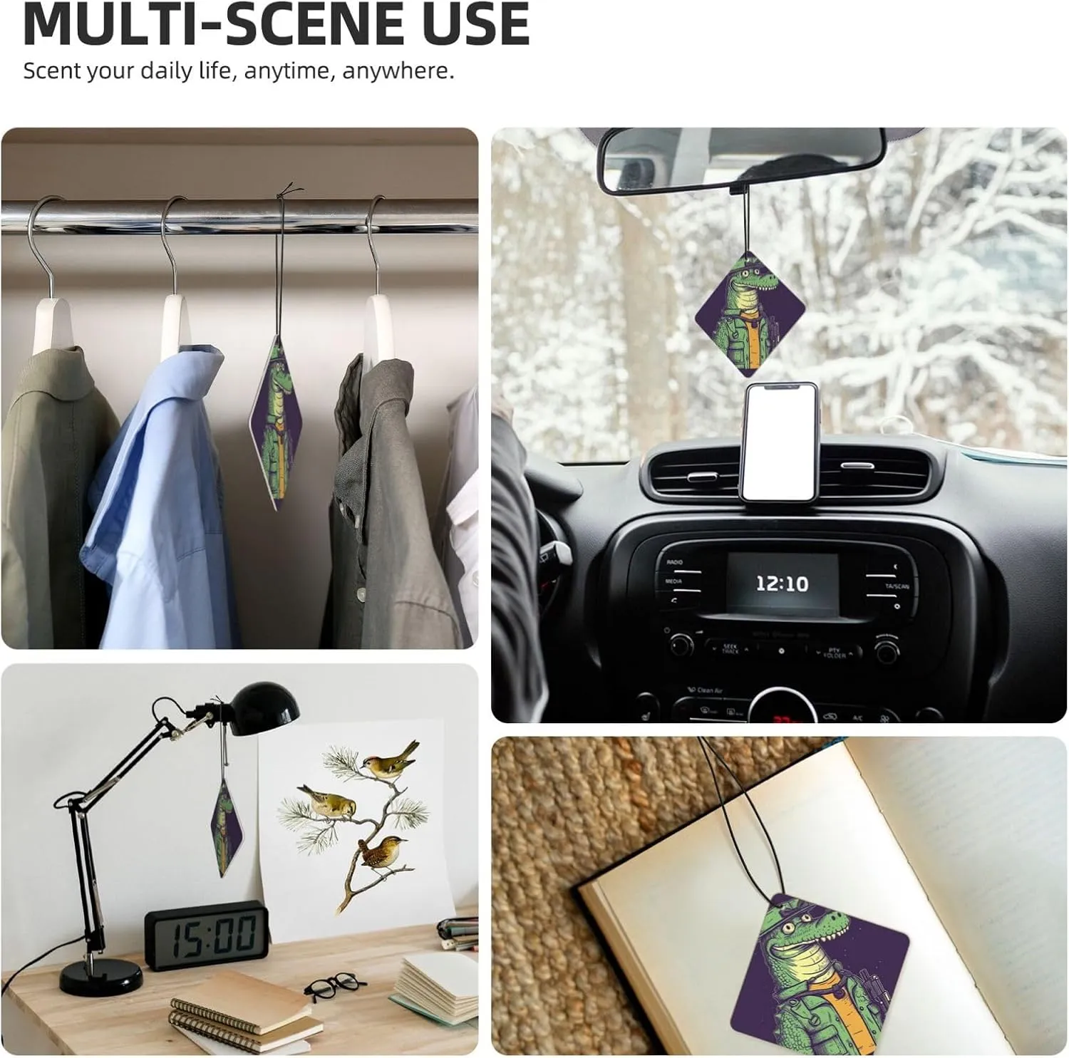 Crocodile holding gun Print Car Air Fresheners 4 Pcs Car Aromatherapy Tablets Hanging Air Freshener Wardrobe Pendant Fragrance Scented Cards for Rearview Mirror Bedroom Car Interior Decor