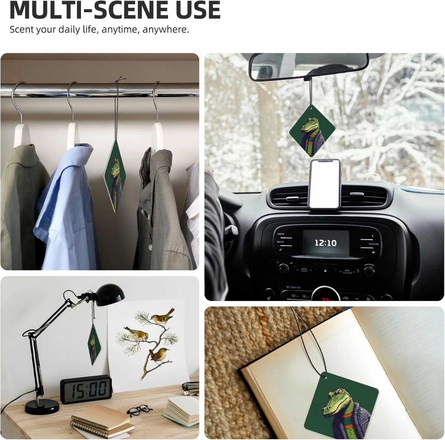 Crocodile in sweater Print Car Air Fresheners 4 Pcs Car Aromatherapy Tablets Hanging Air Freshener Wardrobe Pendant Fragrance Scented Cards for Rearview Mirror Bedroom Car Interior Decor