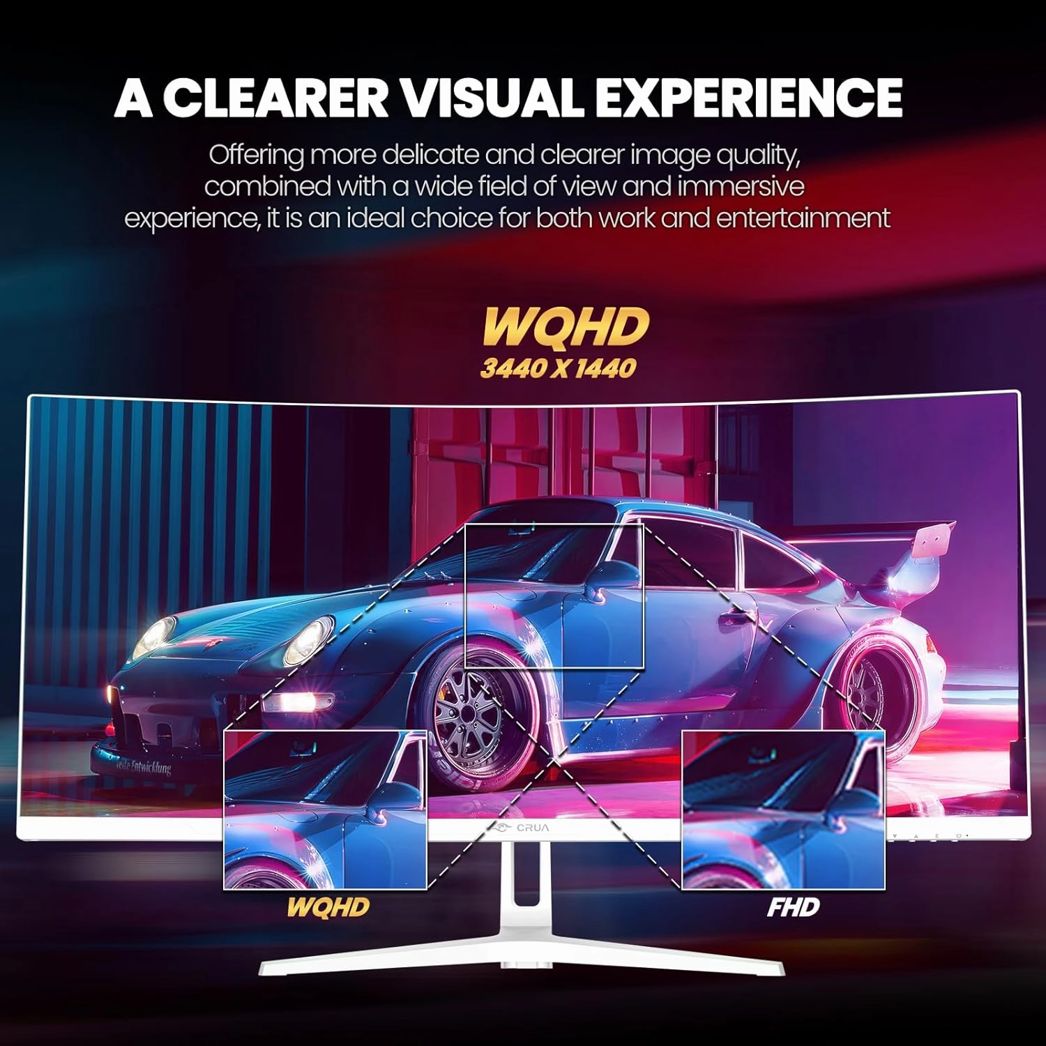 CRUA 34Inch White Gaming Monitor 144hz 21:9 1500R Ultra Wide Curved Monitor, WQHD 3440X1440P 120%sRGB VA Panel Computer Monitor Support Freesync, PIP/PBP, HDMI 2.0 & DP1.4, Wall Mount&Tilt Adjustable