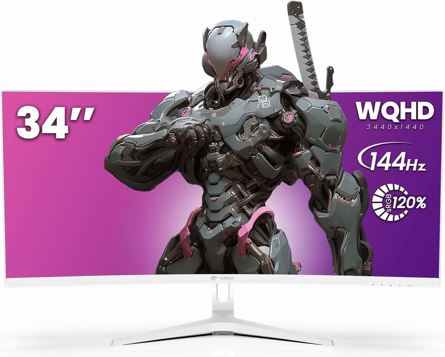 CRUA 34Inch White Gaming Monitor 144hz 21:9 1500R Ultra Wide Curved Monitor, WQHD 3440X1440P 120%sRGB VA Panel Computer Monitor Support Freesync, PIP/PBP, HDMI 2.0 & DP1.4, Wall Mount&Tilt Adjustable