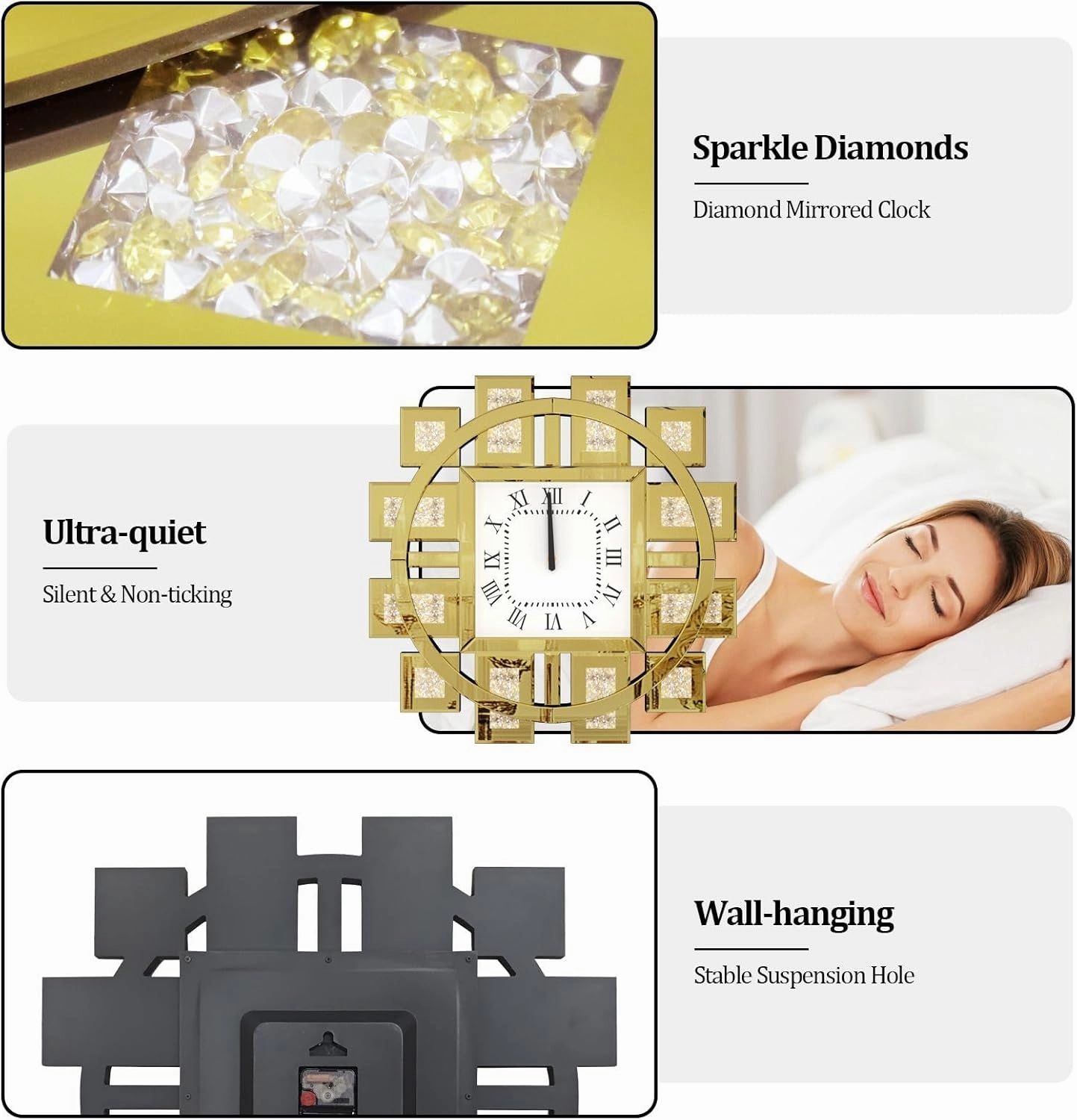Crushed Diamond Wall Clock: Decorative 24 inch Round Mirrored Clock with Beveled Glass Mirror Edge Frame and Bling Diamonds, Art Deco Home Modern Decoration for Livingroom, Golden