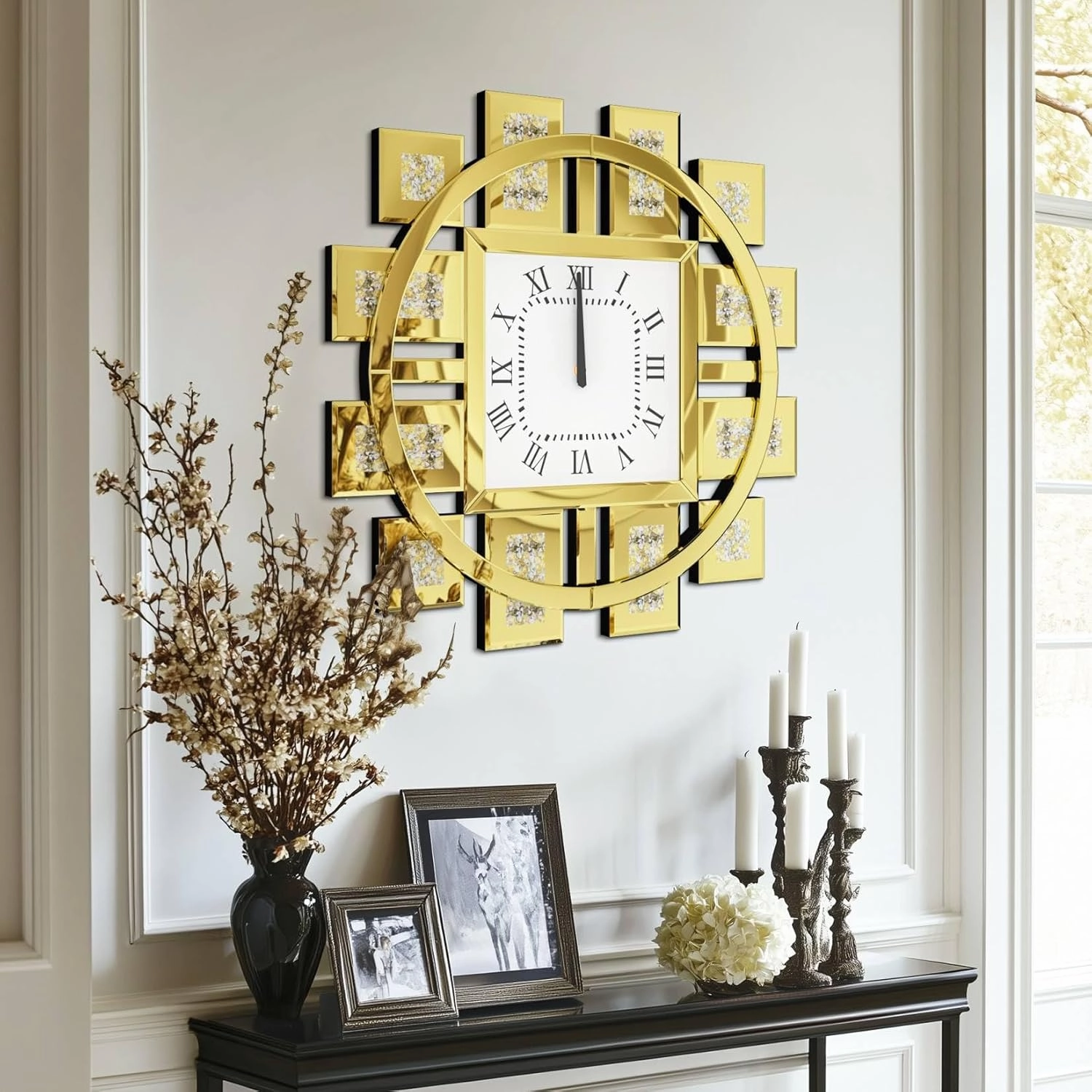 Crushed Diamond Wall Clock: Decorative 24 inch Round Mirrored Clock with Beveled Glass Mirror Edge Frame and Bling Diamonds, Art Deco Home Modern Decoration for Livingroom, Golden