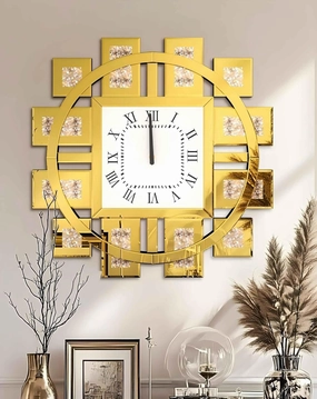 Crushed Diamond Wall Clock: Decorative 24 inch Round Mirrored Clock with Beveled Glass Mirror Edge Frame and Bling Diamonds, Art Deco Home Modern Decoration for Livingroom, Golden