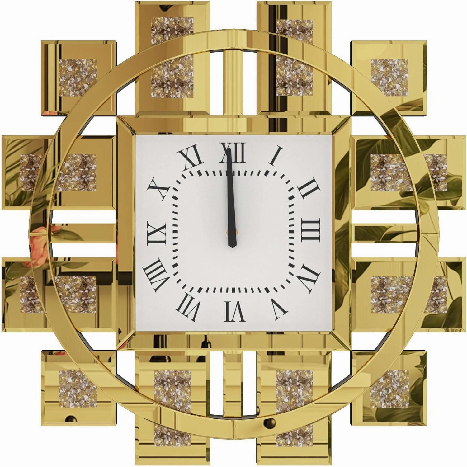 Crushed Diamond Wall Clock: Decorative 24 inch Round Mirrored Clock with Beveled Glass Mirror Edge Frame and Bling Diamonds, Art Deco Home Modern Decoration for Livingroom, Golden