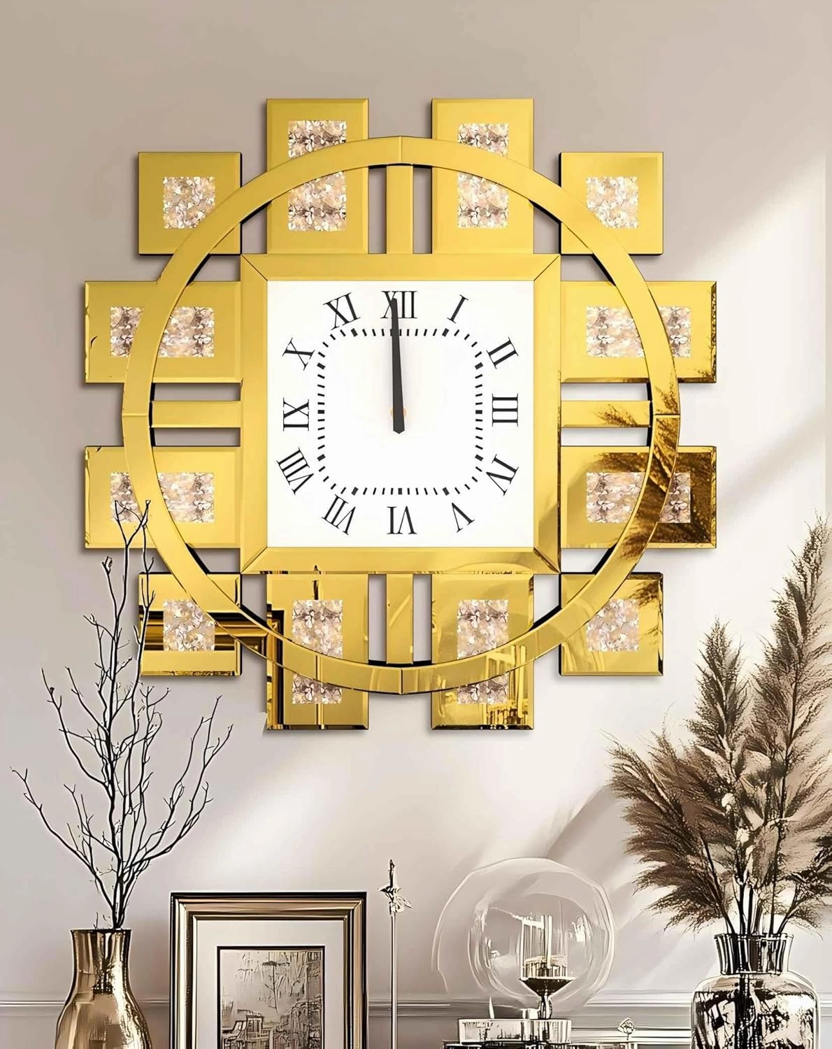 Crushed Diamond Wall Clock: Decorative 24 inch Round Mirrored Clock with Beveled Glass Mirror Edge Frame and Bling Diamonds, Art Deco Home Modern Decoration for Livingroom, Golden