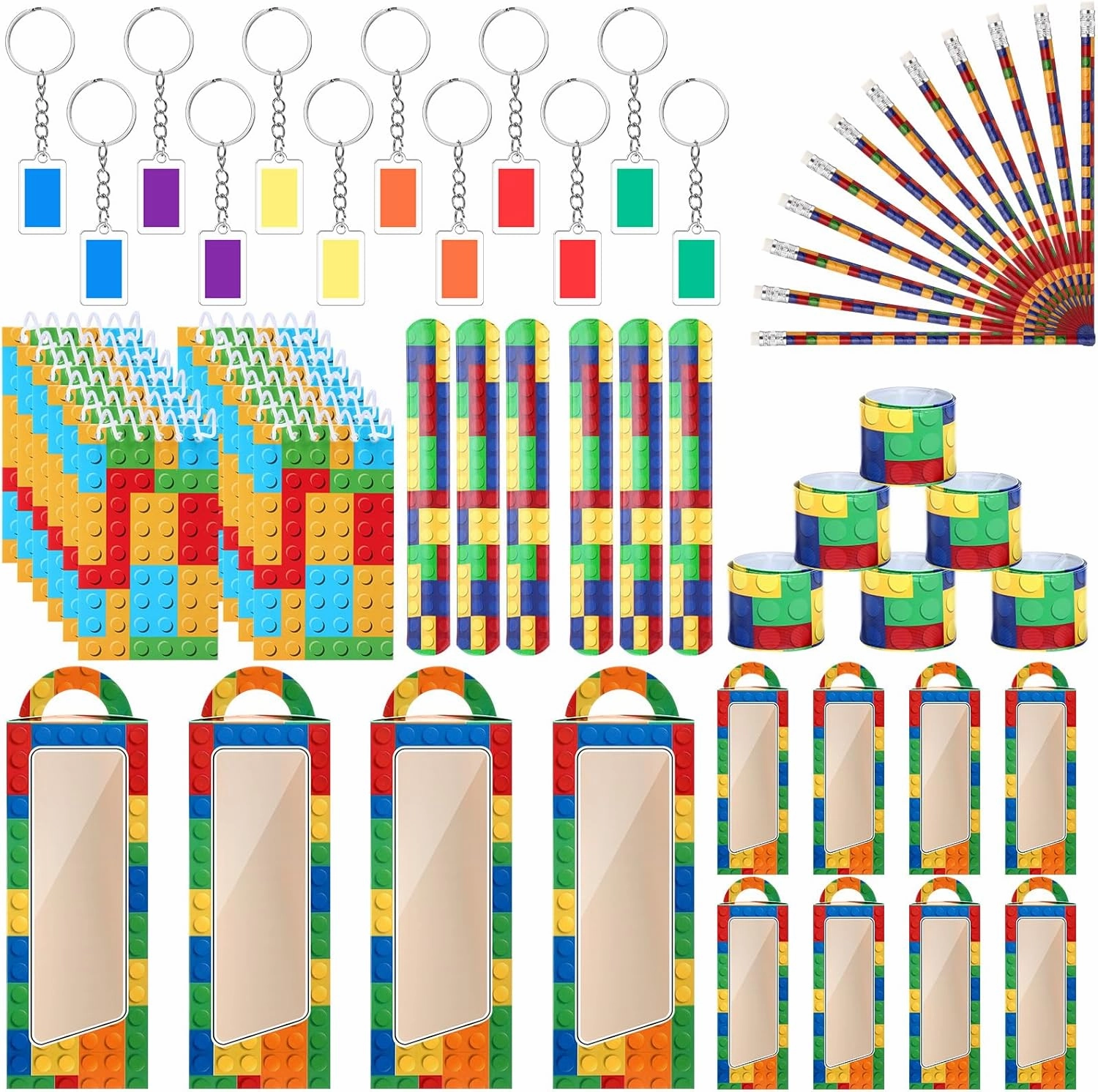Ctosree 60 Pcs Building Block Birthday Party Favors for Kids Include Mini Notebook Pencils Keychains Gift Boxes Wristbands for Building Blocks Birthday Party Supplies