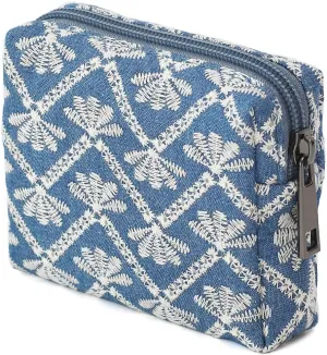 Cute Denim Makeup Bag with Embroidery - Portable Cosmetic Pouch for Women, Small Zipper Toiletry Bag, Skincare Case, Makeup Organizer, Cotton Purse, Perfect for Storage or as a Coin Purse