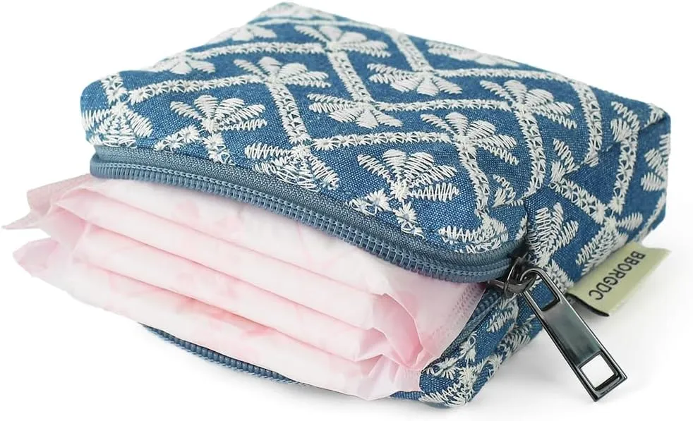 Cute Denim Makeup Bag with Embroidery - Portable Cosmetic Pouch for Women, Small Zipper Toiletry Bag, Skincare Case, Makeup Organizer, Cotton Purse, Perfect for Storage or as a Coin Purse