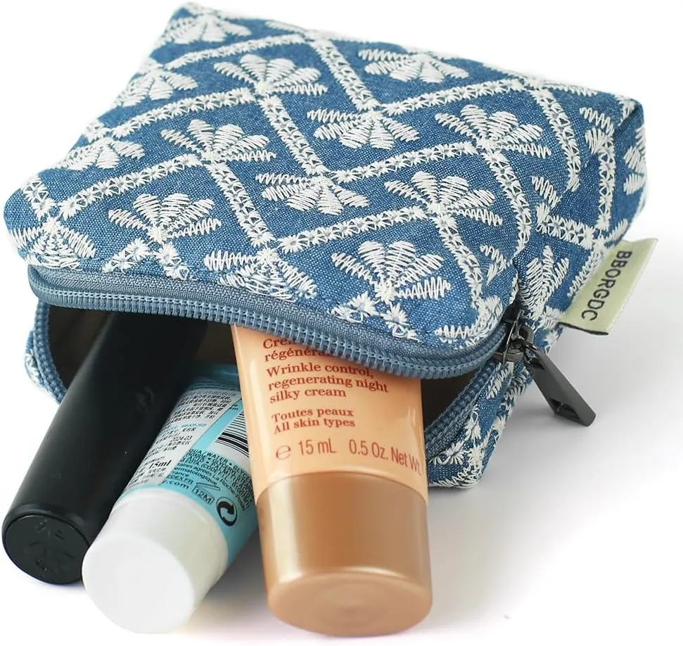 Cute Denim Makeup Bag with Embroidery - Portable Cosmetic Pouch for Women, Small Zipper Toiletry Bag, Skincare Case, Makeup Organizer, Cotton Purse, Perfect for Storage or as a Coin Purse