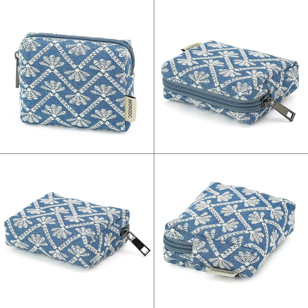 Cute Denim Makeup Bag with Embroidery - Portable Cosmetic Pouch for Women, Small Zipper Toiletry Bag, Skincare Case, Makeup Organizer, Cotton Purse, Perfect for Storage or as a Coin Purse